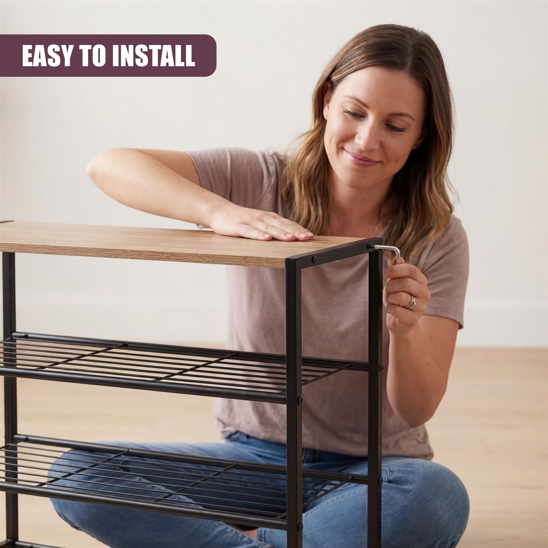 The shoe rack features three black tiers and a rectangular top bench seat.