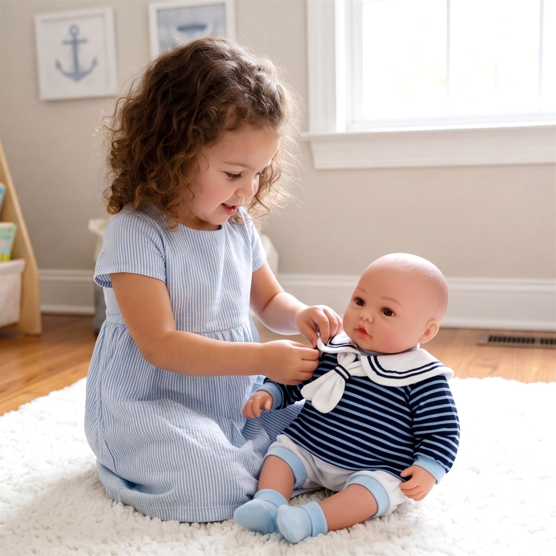 Girl interacting with a doll wearing a blue and white striped sailor costume.