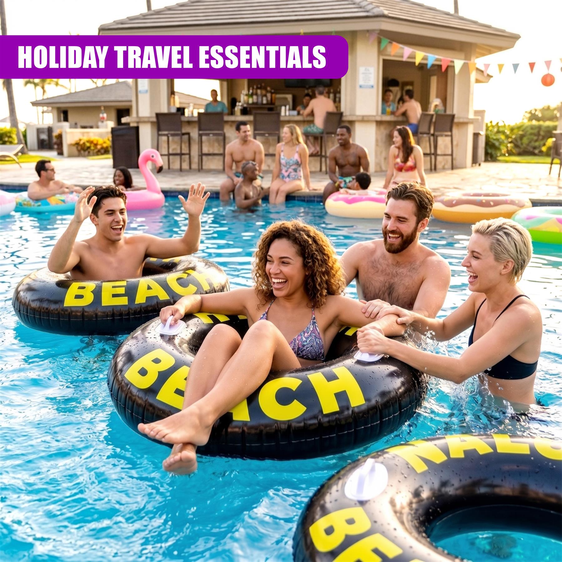 Three inflatable ring floats featuring yellow lettering float in clear blue water near a building.