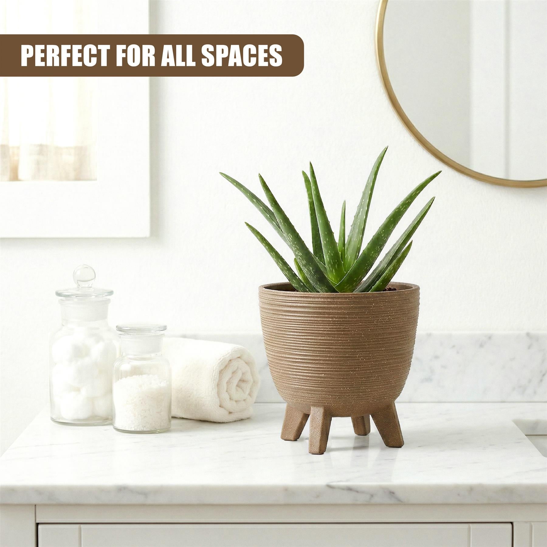 Brown pot with three legs holds a green, spiky plant on a white countertop surface.
