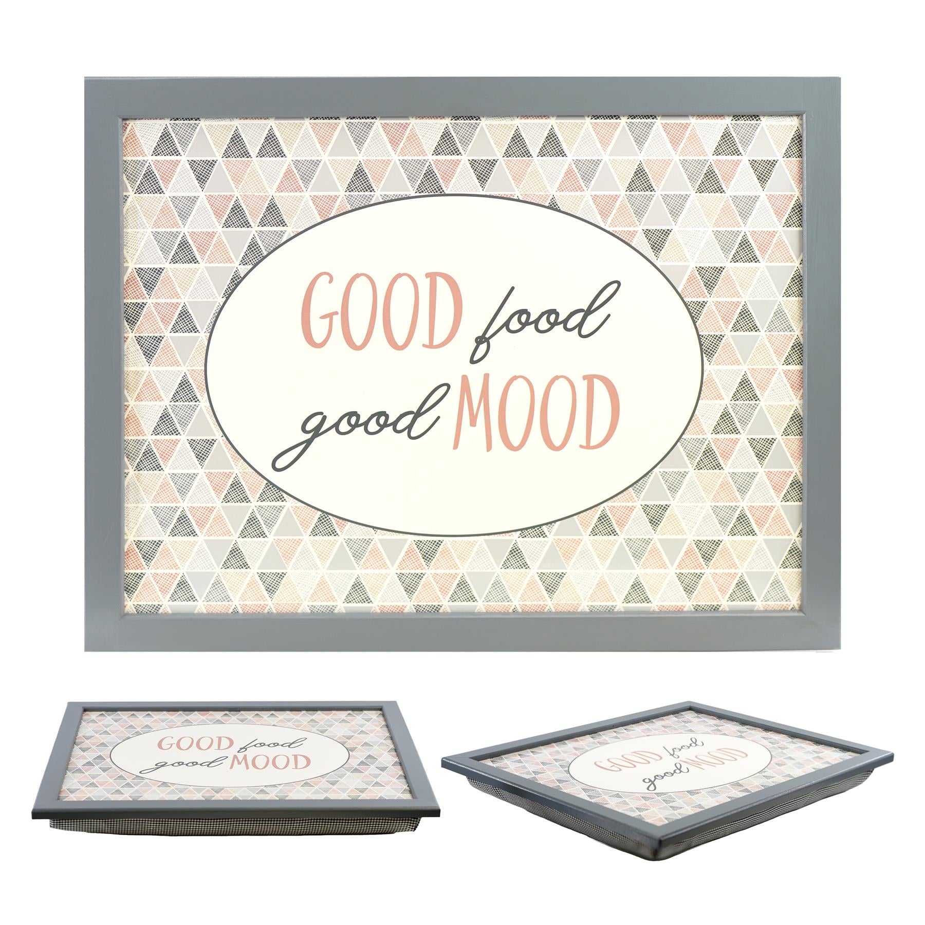 "Geezy Good Food Good Mood Lap Tray with Bean Bag Cushion for comfortable dining."