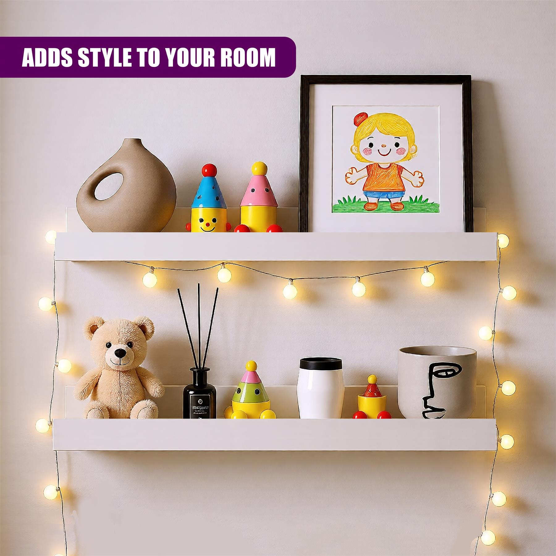 "A white shelving unit with a curved top, displaying books and other decorative items, against a wall adorned with string lights." - The Magic Toy Shop