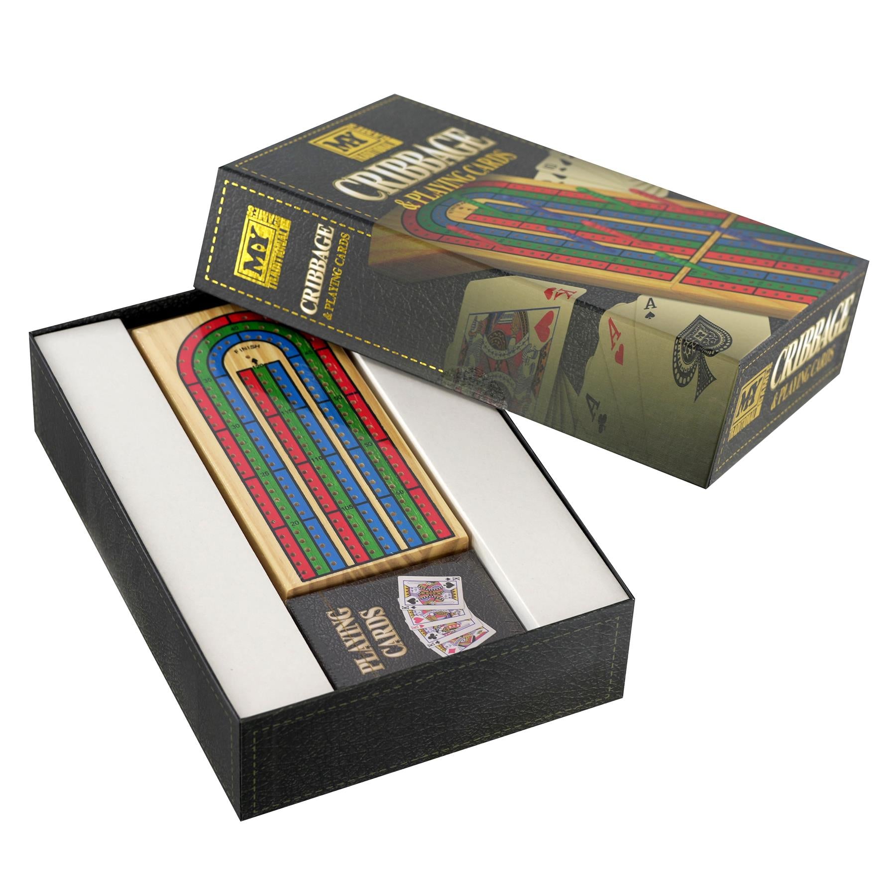 A cribbage game set includes a wooden scoring board, deck of playing cards, and box.