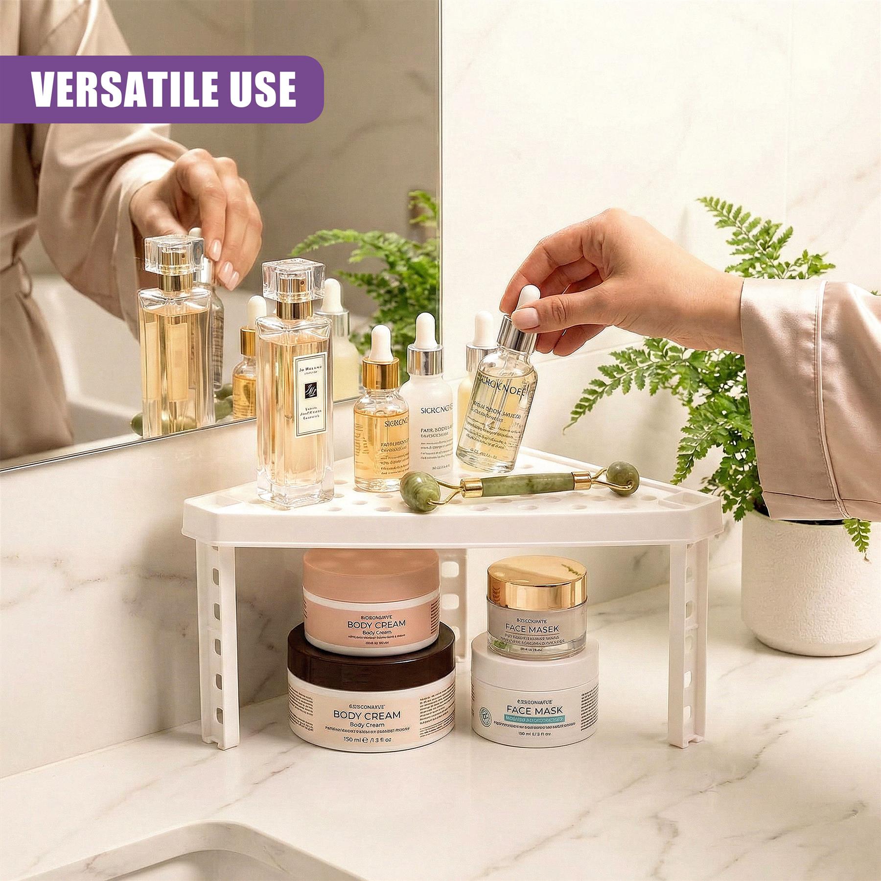 A white corner shelf holds various cosmetic bottles and jars next to a mirror on a counter.