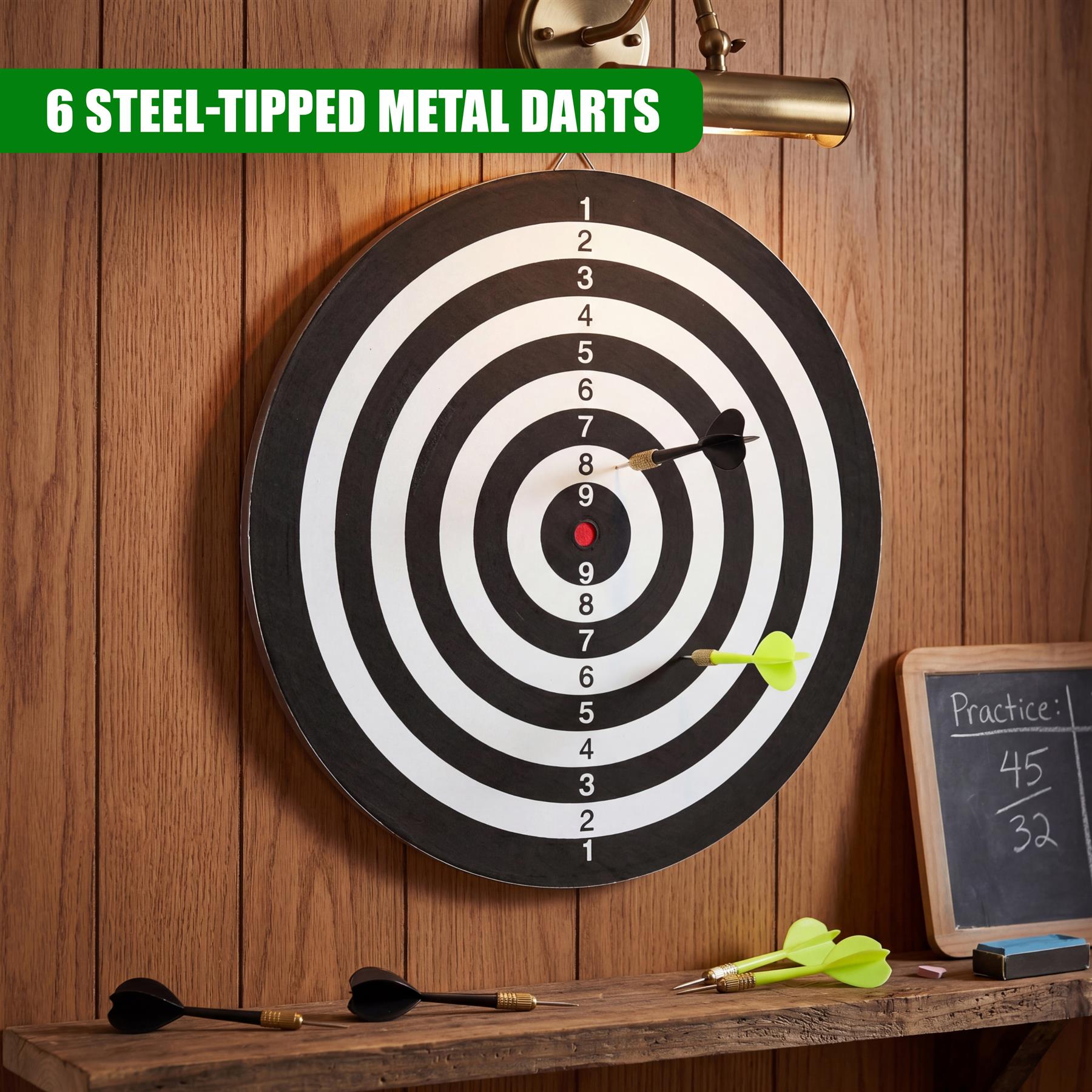 Black and white numbered dartboard mounted on wood wall with six steel darts visible.