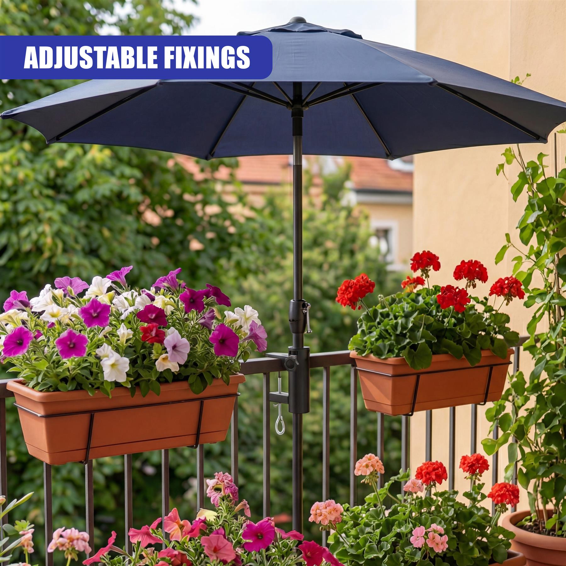 Blue umbrella attached to a railing above tiered flower boxes on a patio.