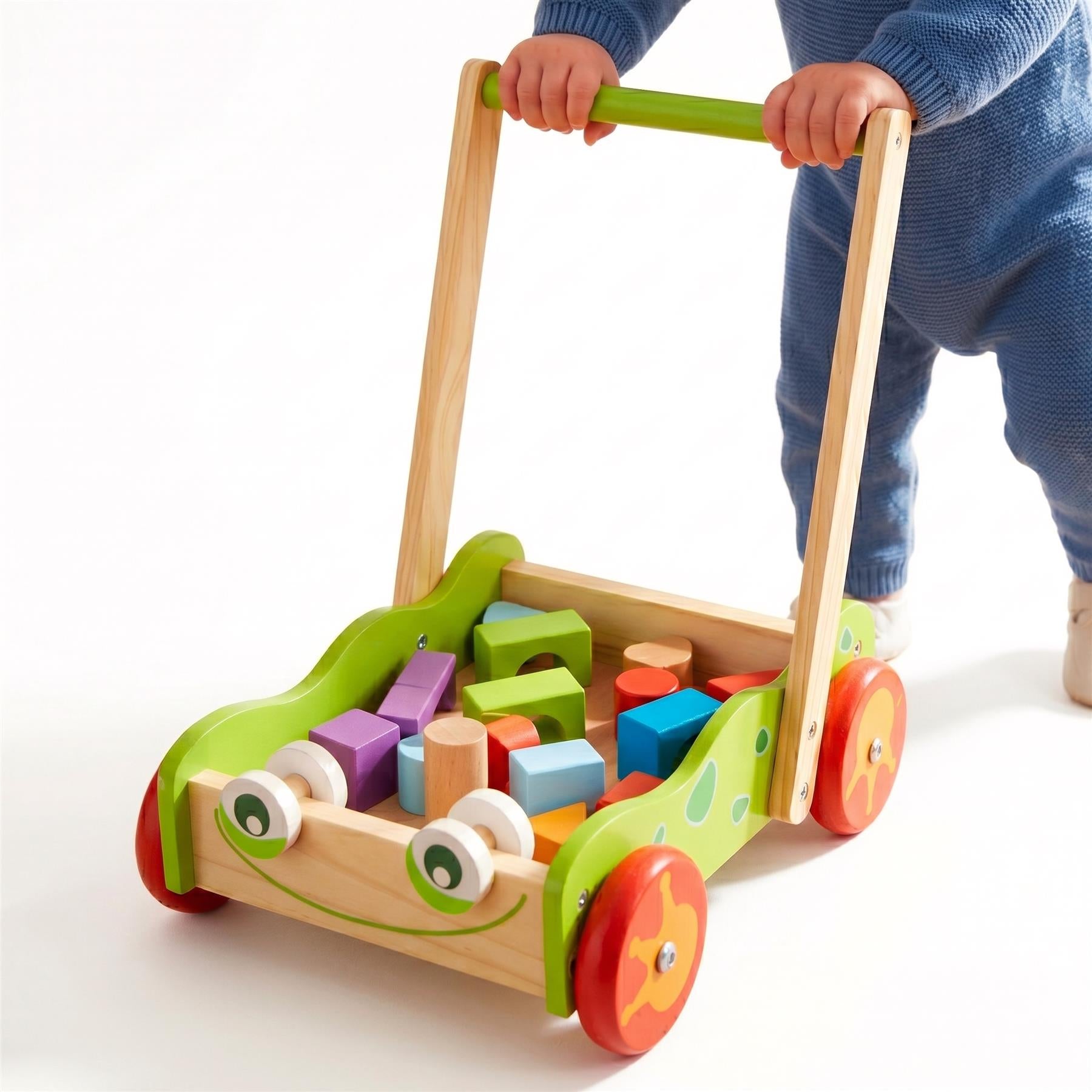 Wooden baby walker toy with wheels, a handle, and various colorful wooden blocks displayed in the front.