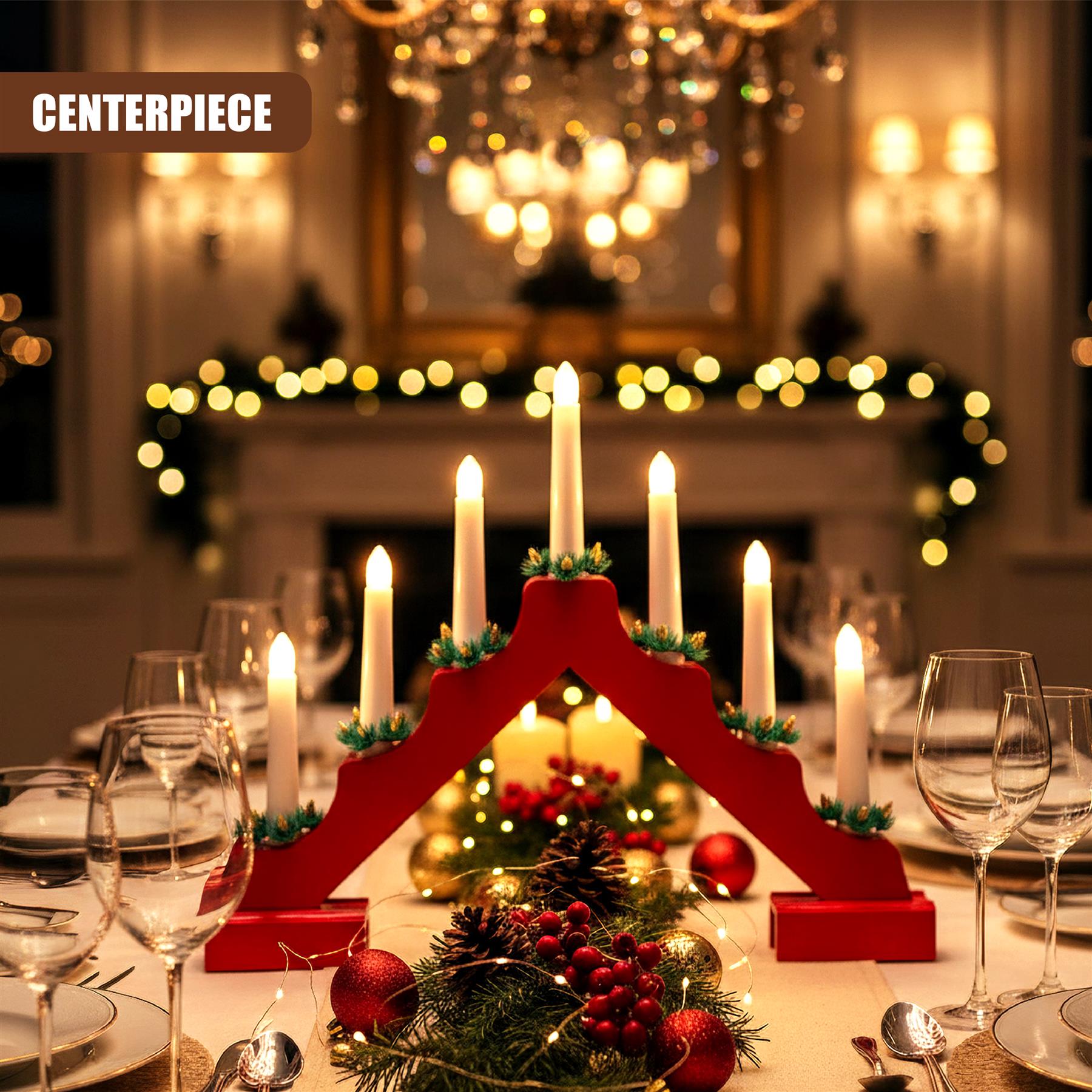 A Christmas-themed table setting with a red, wooden, candle-holding centerpiece featuring a stylized, Christmas tree-like design. The centerpiece is surrounded by candles, a Christmas tree, and other decorations. - The Magic Toy Shop