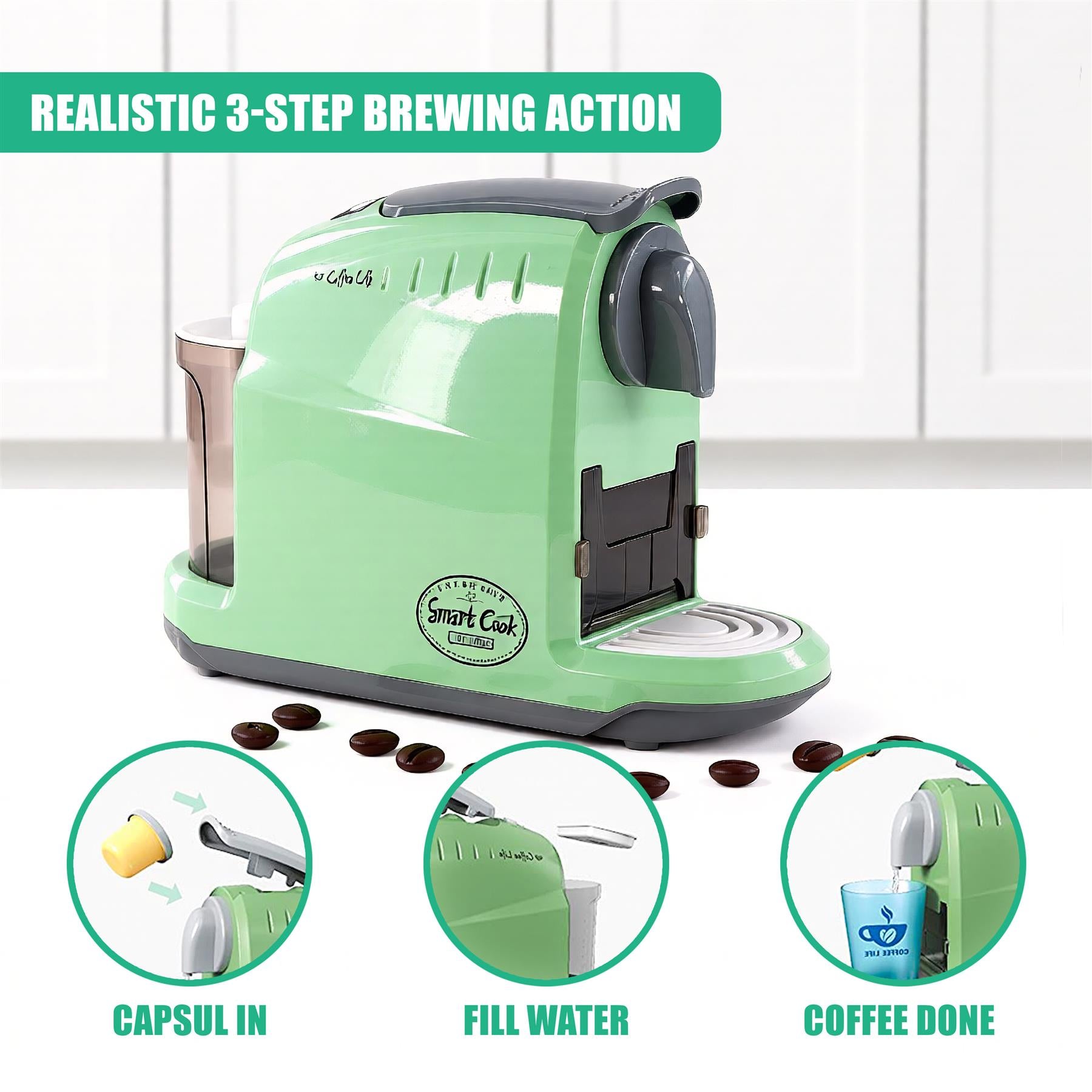 A green and grey coffee machine with a built-in milk frother and a water tank. The machine has a small LCD screen and a removable coffee container. It has a compact design with a small footprint, making it suitable for small kitchens. - The Magic Toy Shop