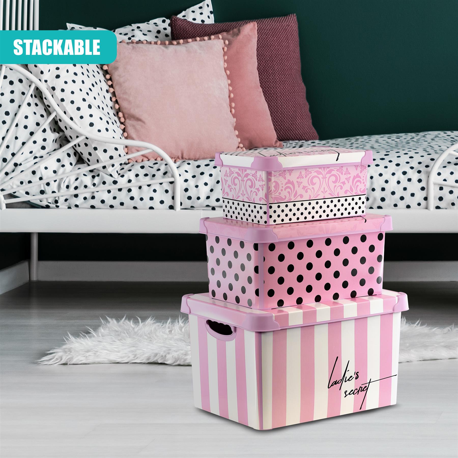 Pink Storage Boxes with Lids - Set of 3