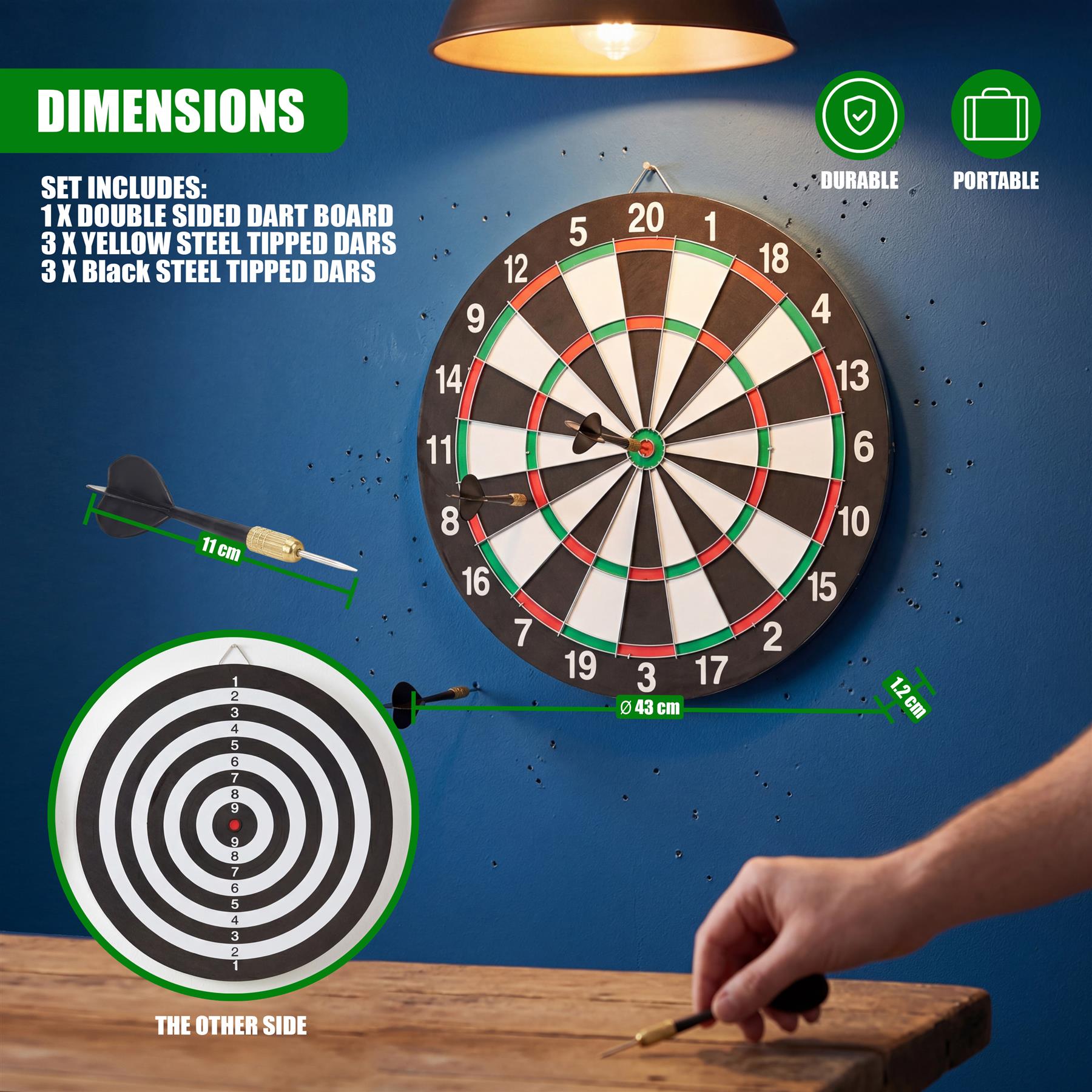 Double-sided dartboard with numbered sectors and dimensions is mounted on a wall.