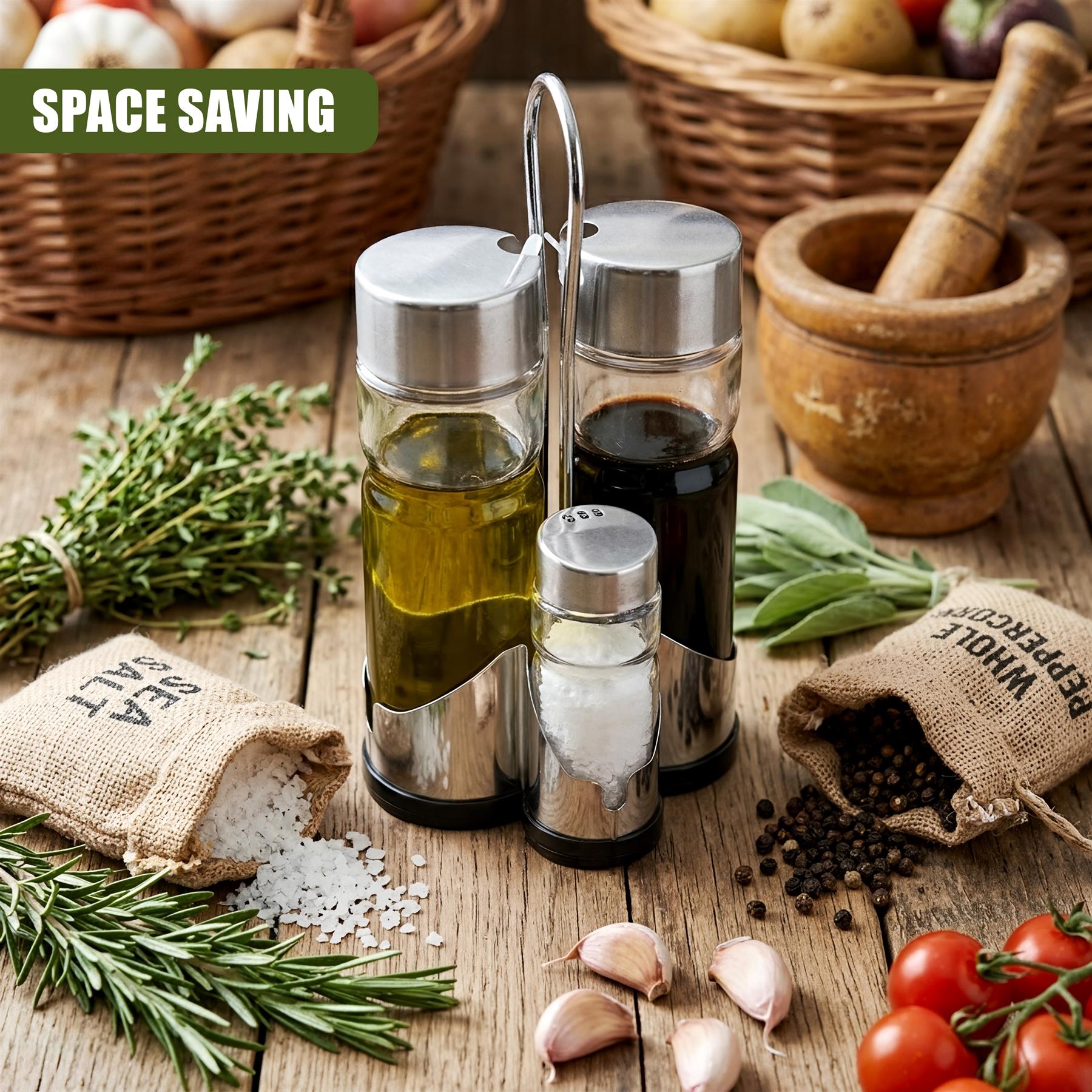 Stainless steel dispensers holding cooking condiments are arranged near fresh herbs, spices, and produce.