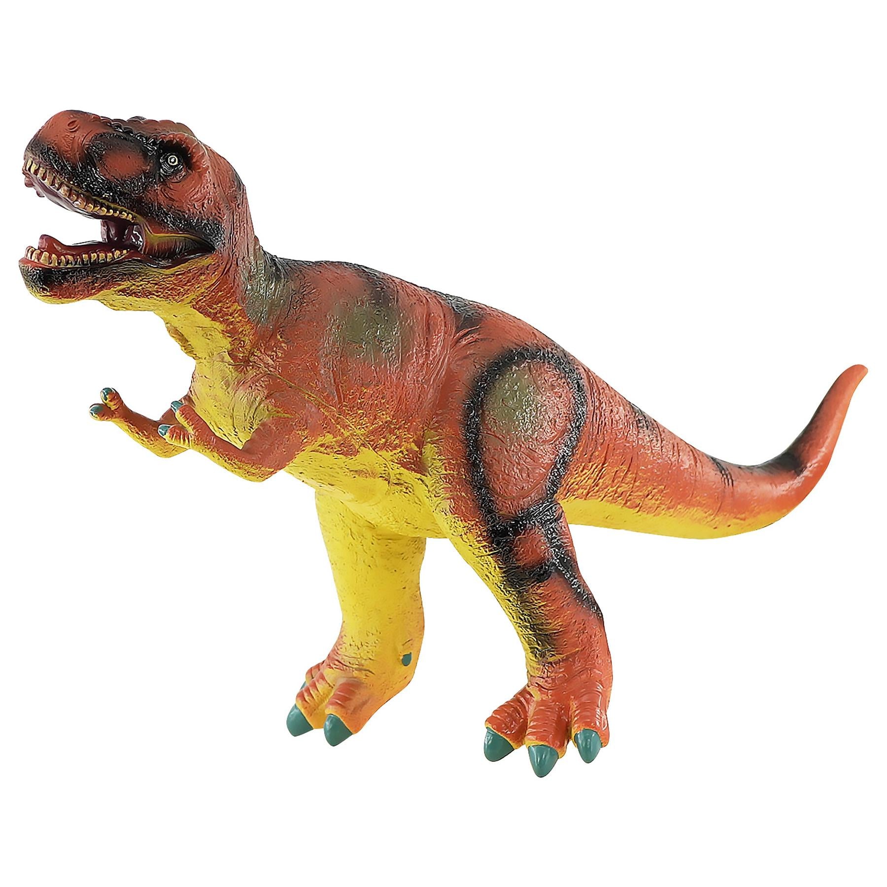 A toy T-Rex dinosaur standing on four legs with yellow and brown coloring.