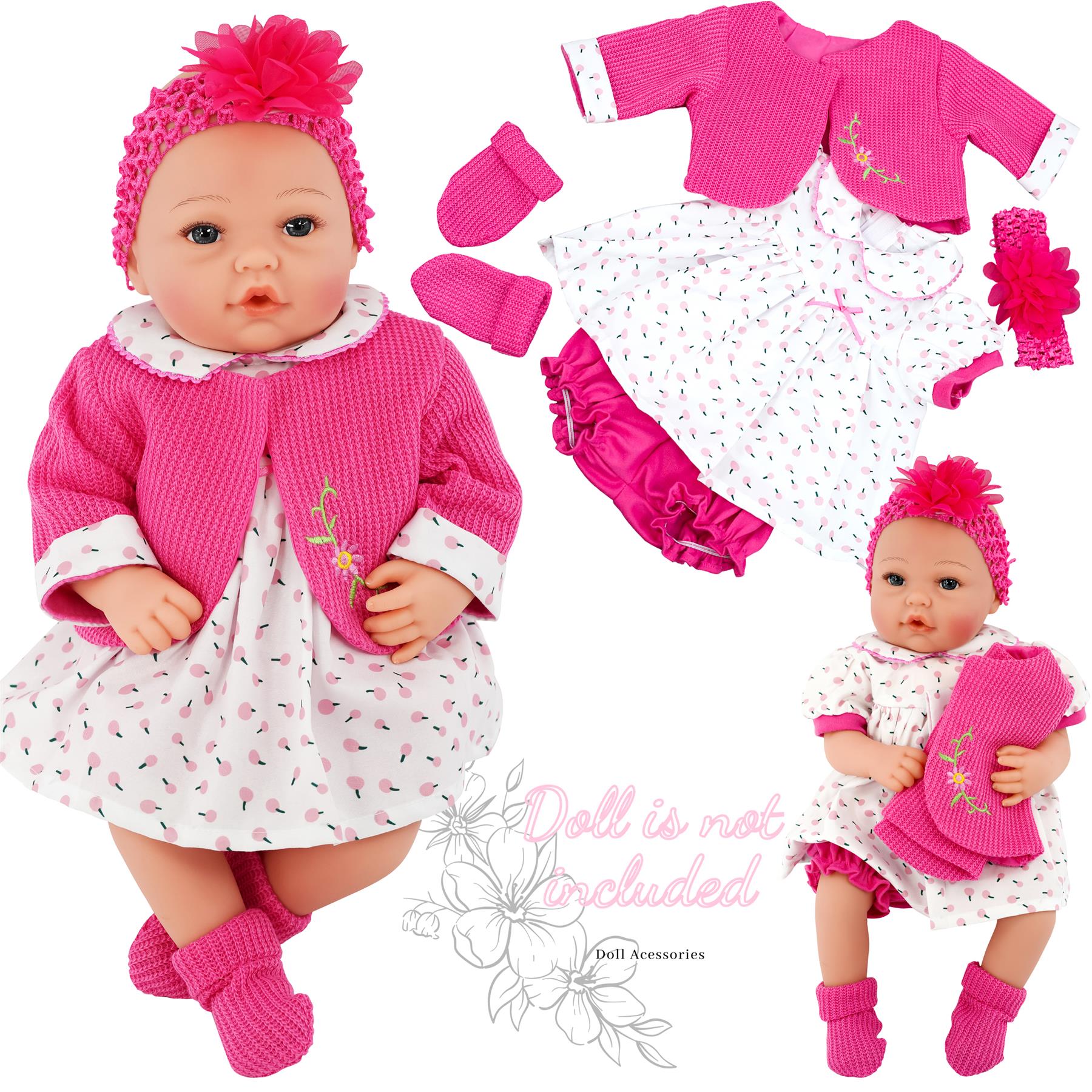 Multiple doll clothing items displayed, including hot pink cardigans, patterned dresses, and accessories.