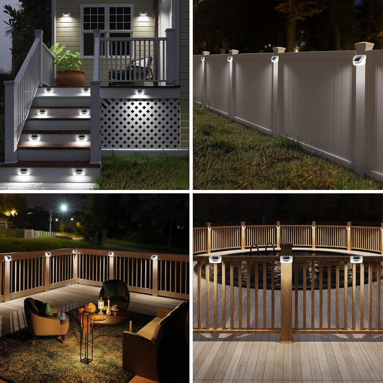 Solar lights illuminate steps and railing on a wooden porch at dusk.

Multiple solar lights are attached to a vertical, light-colored privacy fence.

Curved railing lights illuminate a patio area surrounded by fencing materials.

Solar lights are mounted along a straight wooden fence bordering a paved deck.