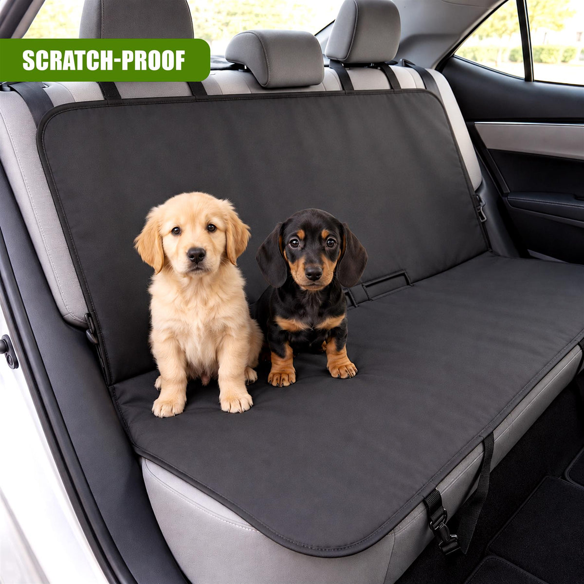 GEEZY Universal Dog Car Seat Cover protects your vehicle with two adorable puppies on a black seat cover