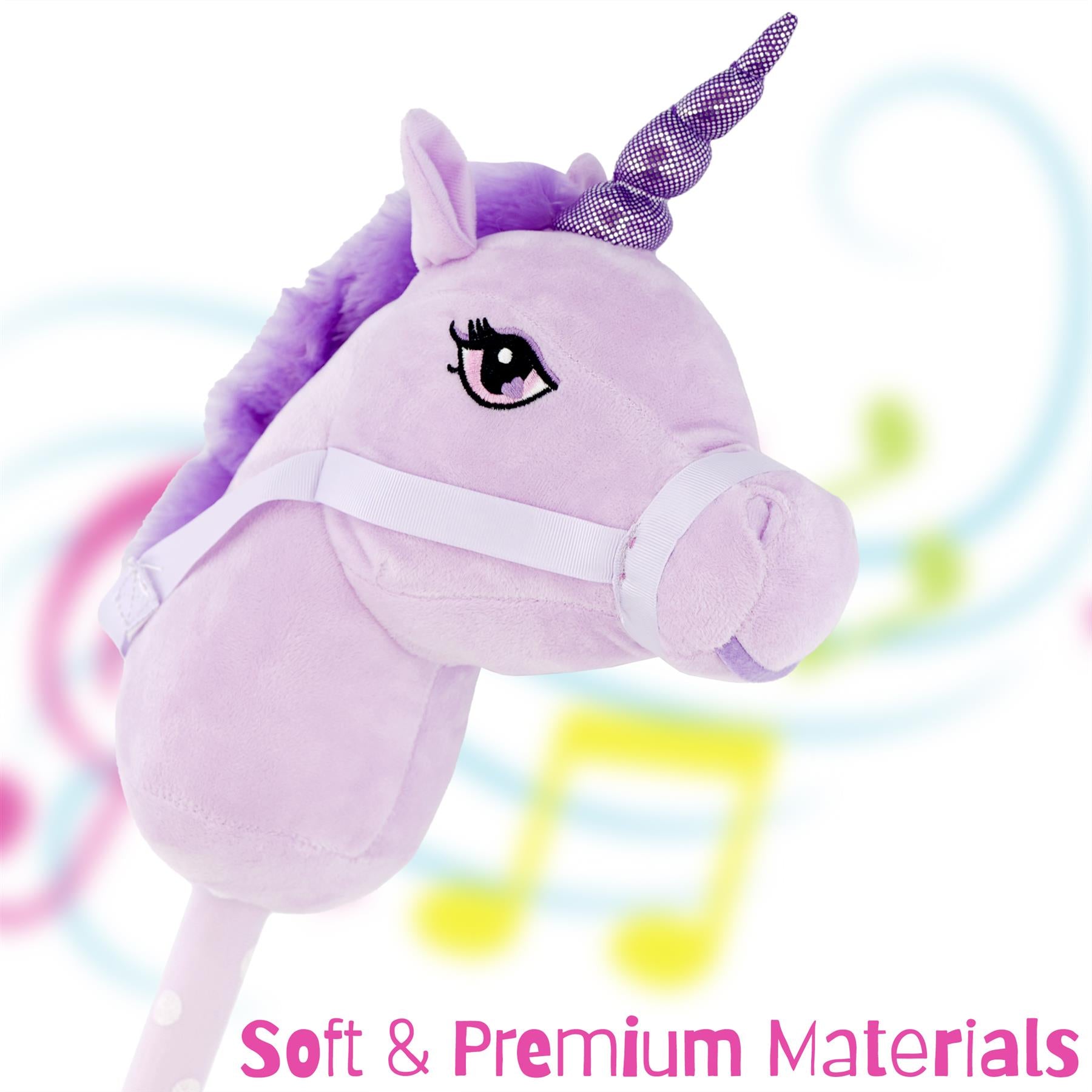 A plush lilac unicorn hobby horse with a soft and premium texture, featuring a whimsical design, a shiny purple horn, and a decorated bridle, set against a colorful, musical background. The product is perfect for imaginative play. Available at themagictoyshop.