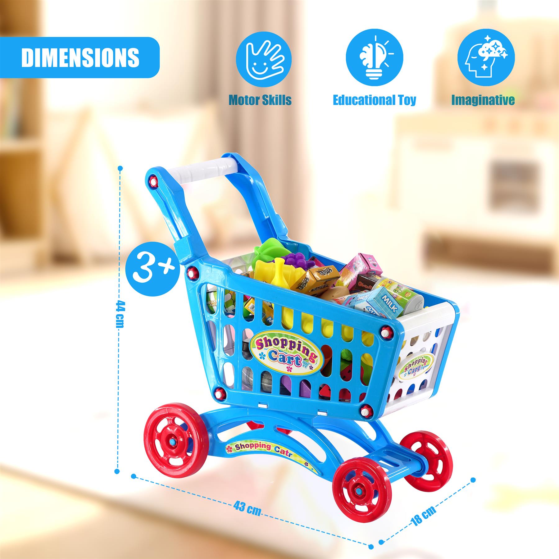 A blue shopping cart with various miniature items inside, designed to represent a play set. - The Magic Toy Shop