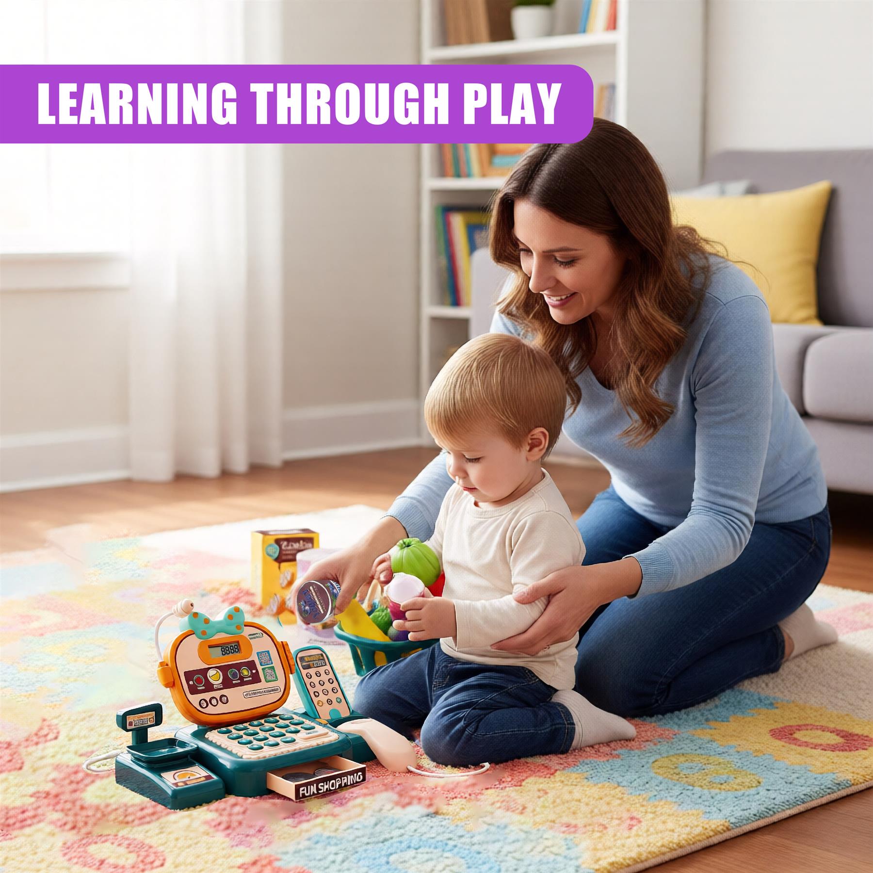 A mother and child playing with a toy shopping set on a colorful rug, with a toy cash register, play money, and shopping cart. The child is holding a toy fruit, and the mother is guiding the child's play. The room is well-lit and has a bookshelf in the background. - The Magic Toy Shop