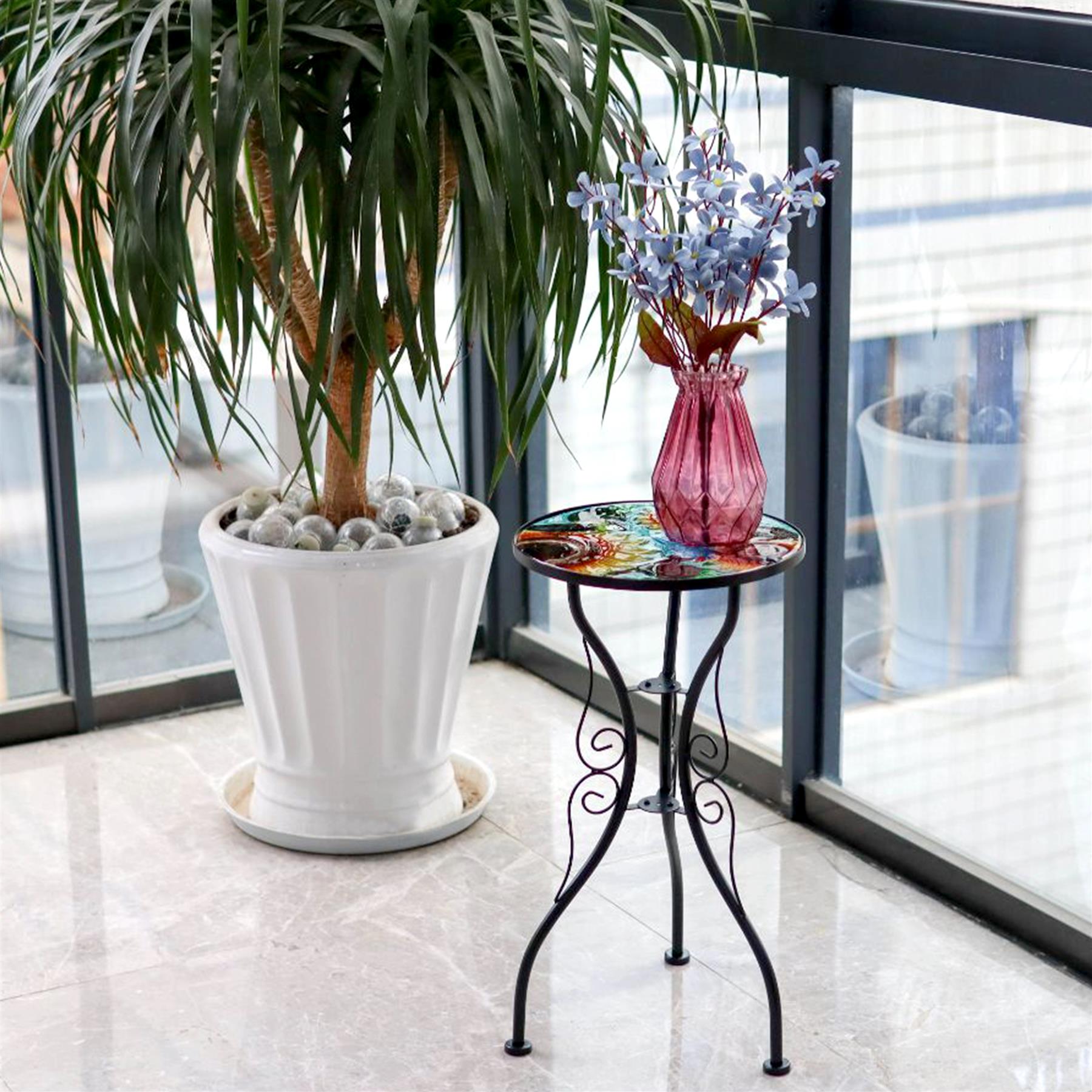 Geezy Round Side Mosaic Table With Sunflower Design