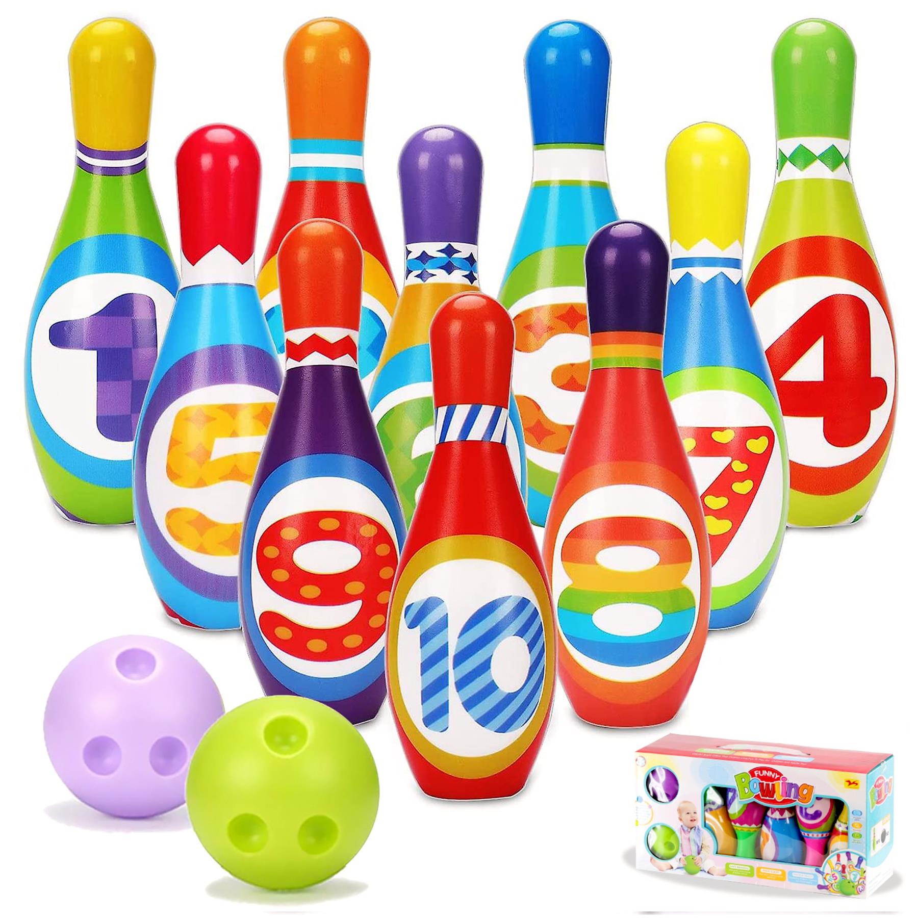 Plastic bowling set includes numerous numbered pins, colored plastic balls, and game packaging.