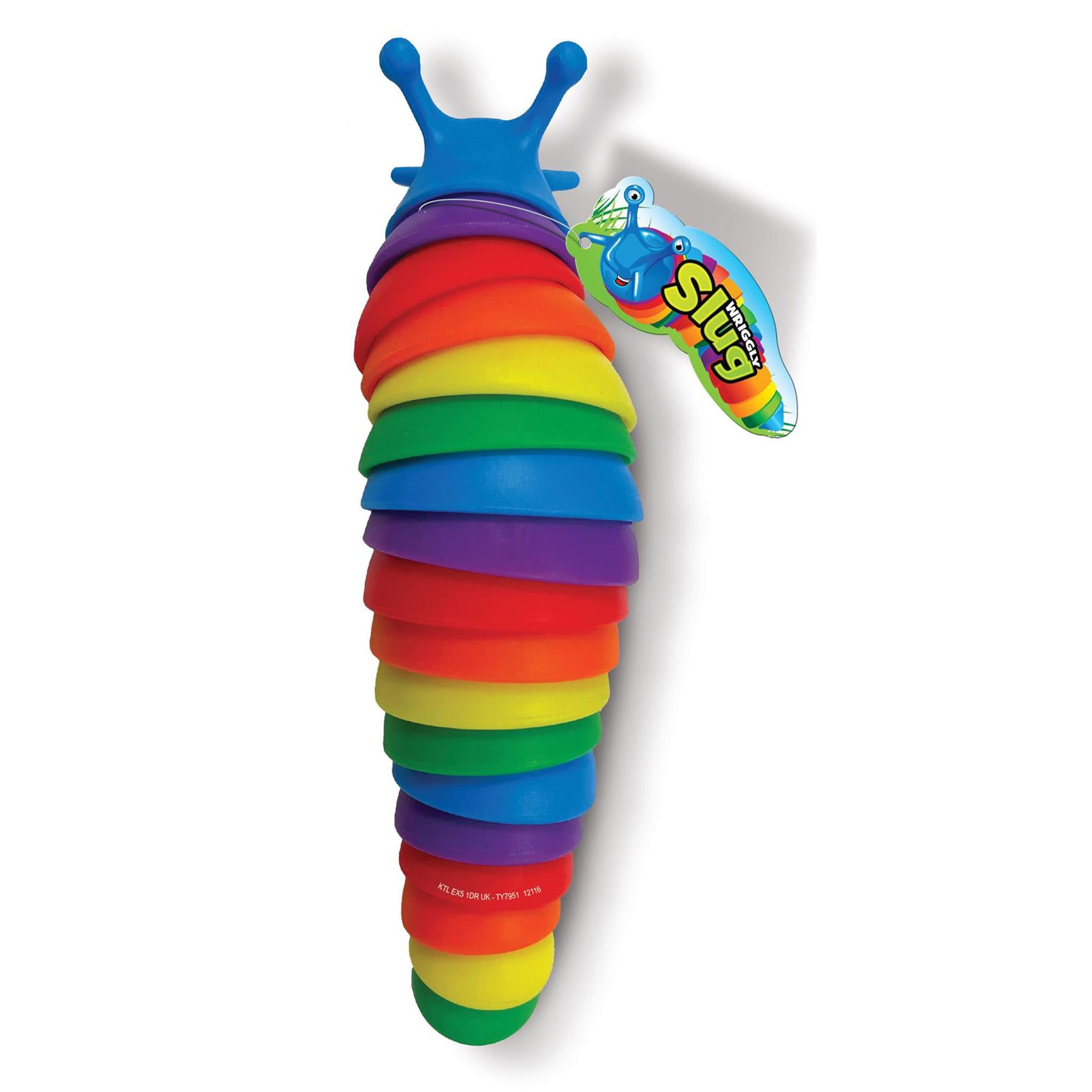 A multi-colored fidget toy shaped like a slug, composed of stacked rainbow segments and a blue head.