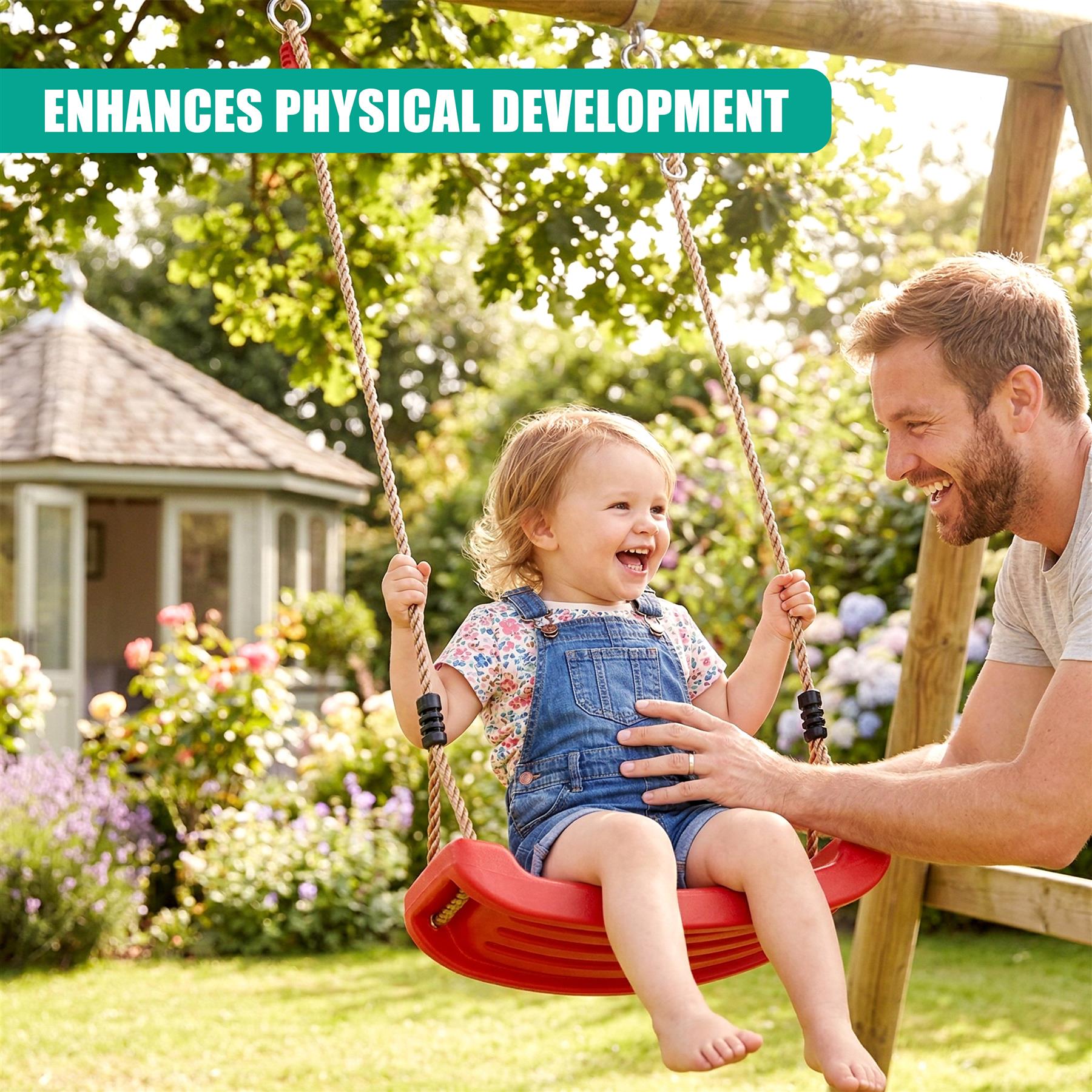 A child swings in a red garden swing seat, supported by an adult man outdoors.