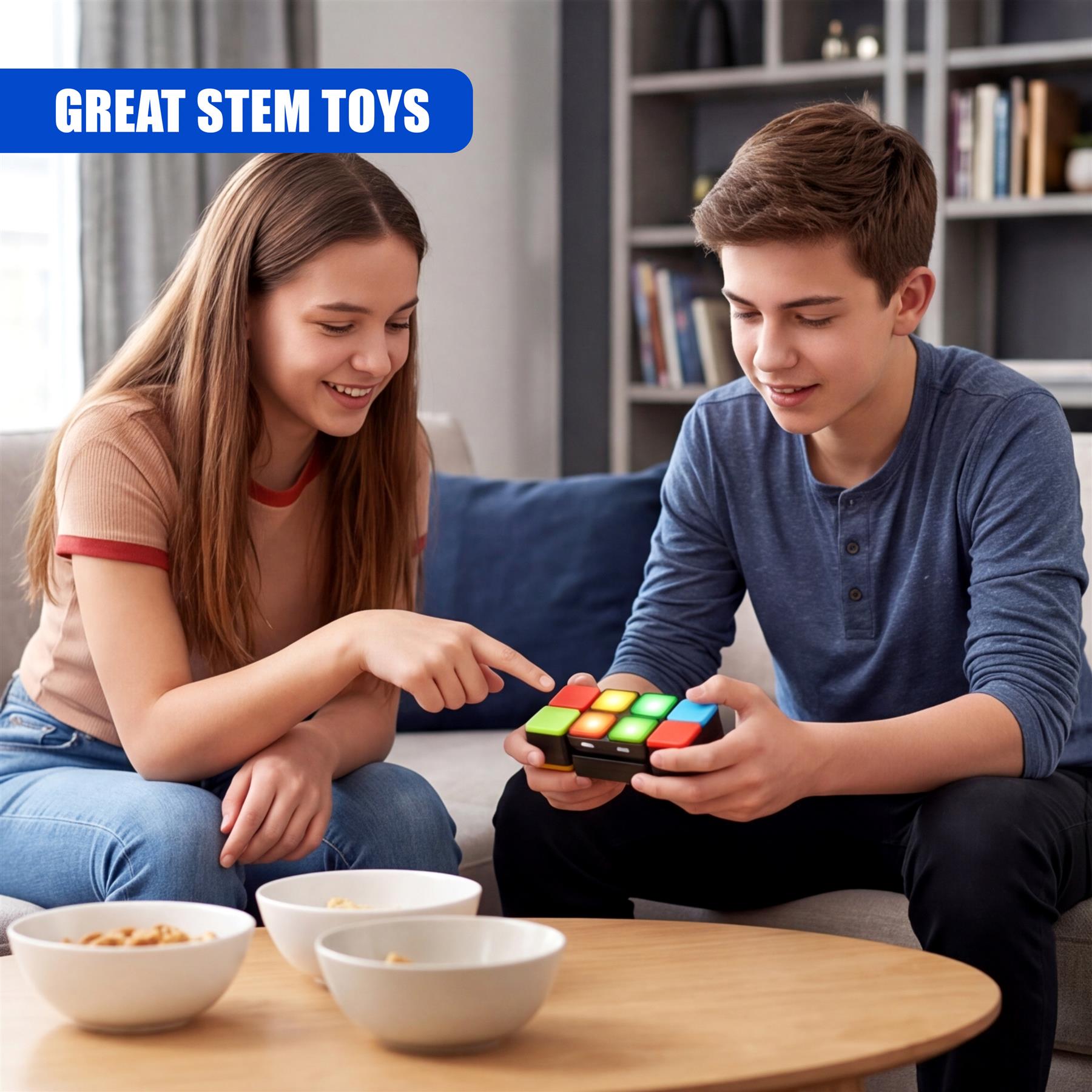 Young people interact with a colorful, handheld cube puzzle game on a coffee table.