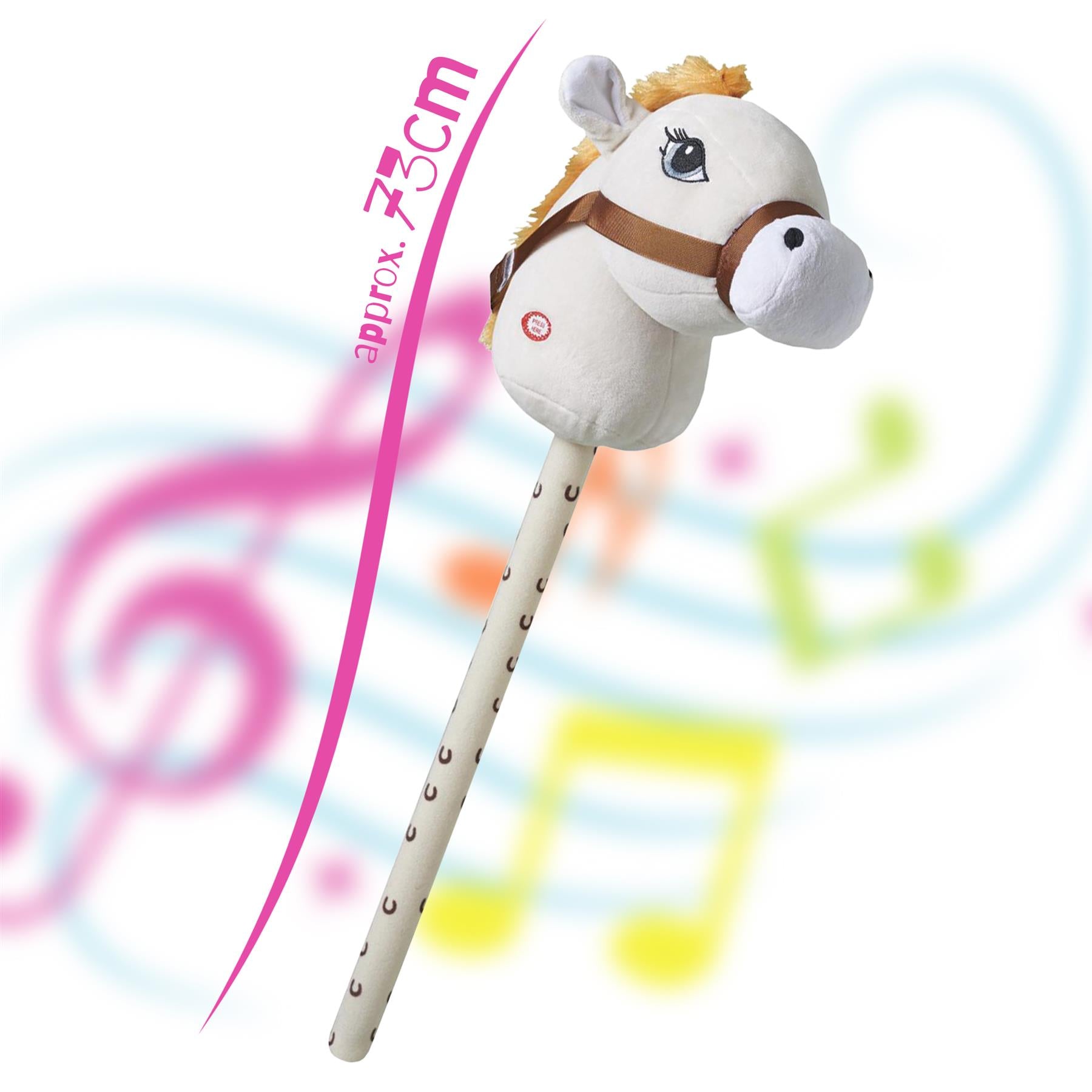 A plush cream hobby horse with a friendly horse head, featuring a vibrant mane and a brown bridle, mounted on a soft pole decorated with horseshoes. The horse measures approximately 73 cm and is set against a colorful musical background. Ideal for imaginative play. themagictoyshop.