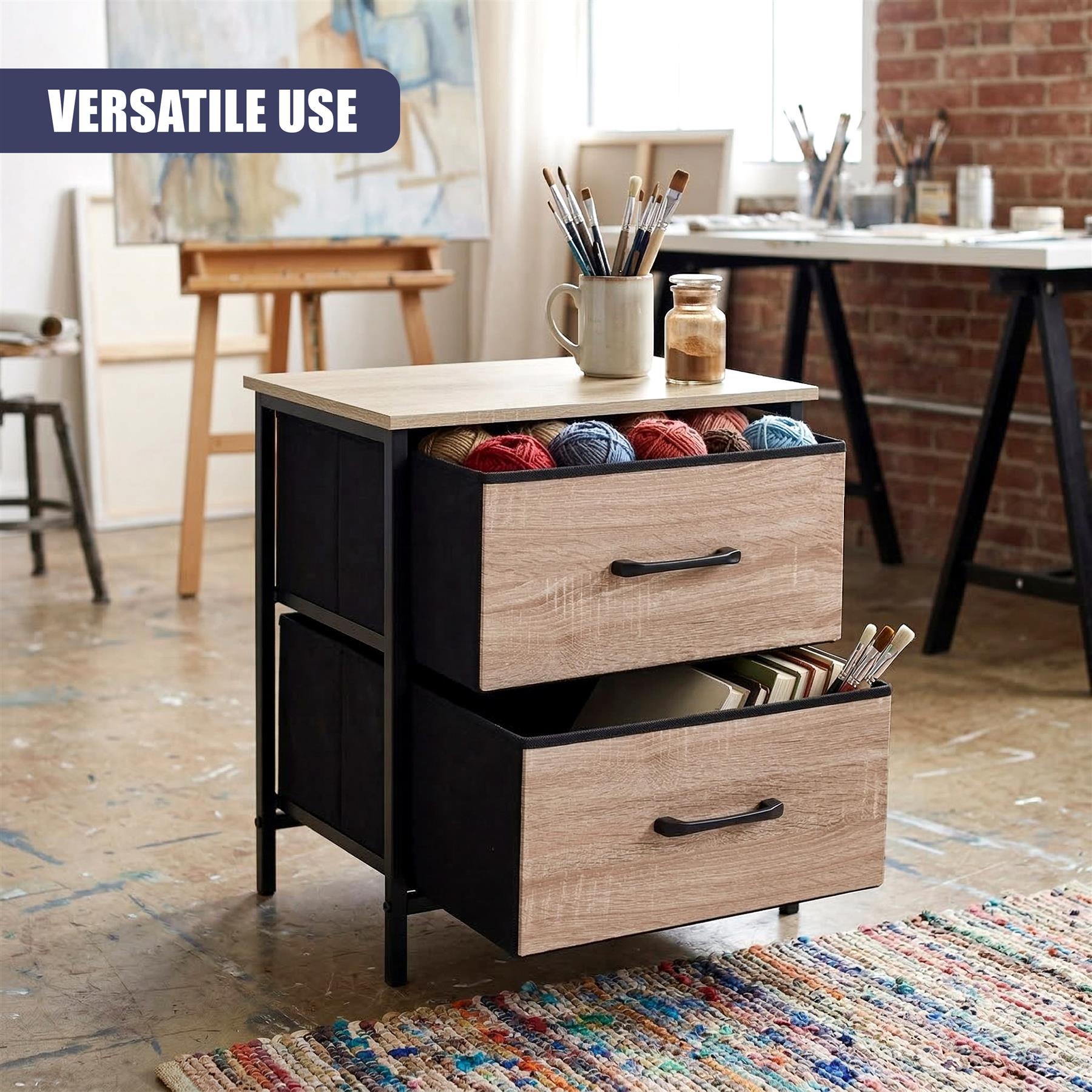 Black two-tiered side table featuring two drawers and open cubbies for storage.