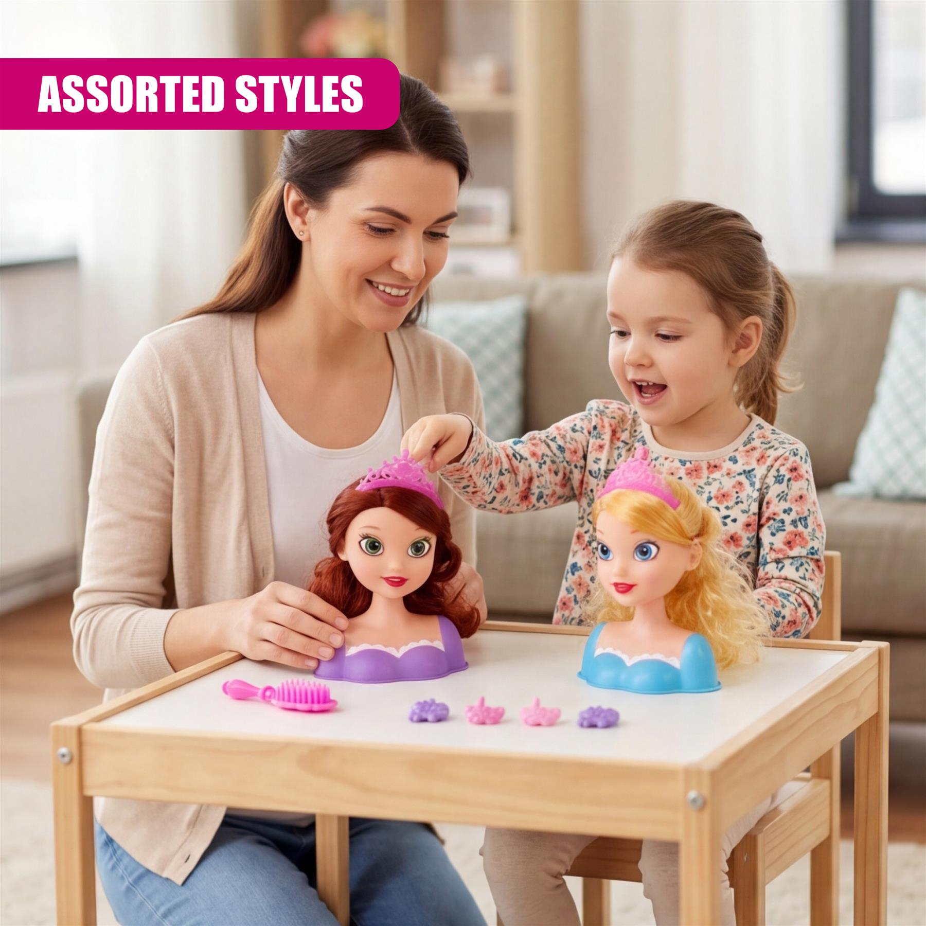 A mother and daughter play with doll styling heads and accessories on a wooden table.
