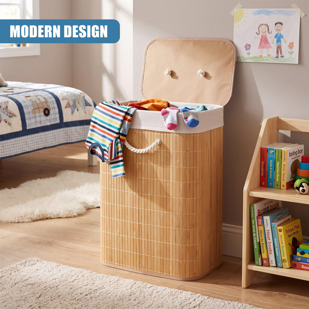Brown bamboo laundry hamper with lid, featuring a modern design and surrounded by children’s toys