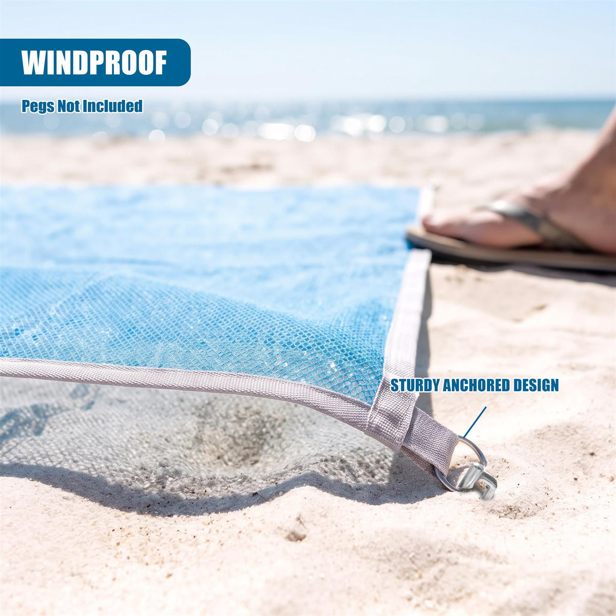 GEEZY beach mat features a sturdy anchored design and is windproof, with pegs not included