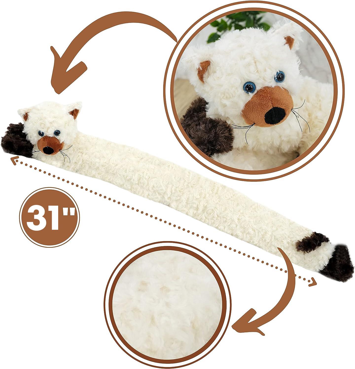 A novelty cream cat draught excluder, measuring 31 inches in length, featuring a plush, furry design with a cat's head and tail. The soft, fluffy material is perfect for keeping drafts at bay while adding a cute decorative touch to any room. Ideal for cat lovers and home decor enthusiasts. themagictoyshop