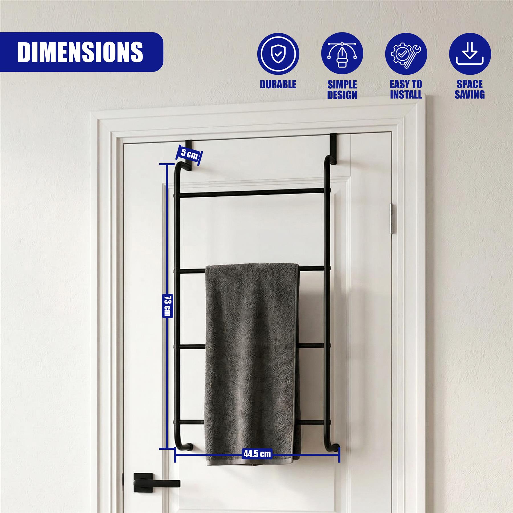 Black ladder-style towel rail with multiple hooks mounted over a white interior door.