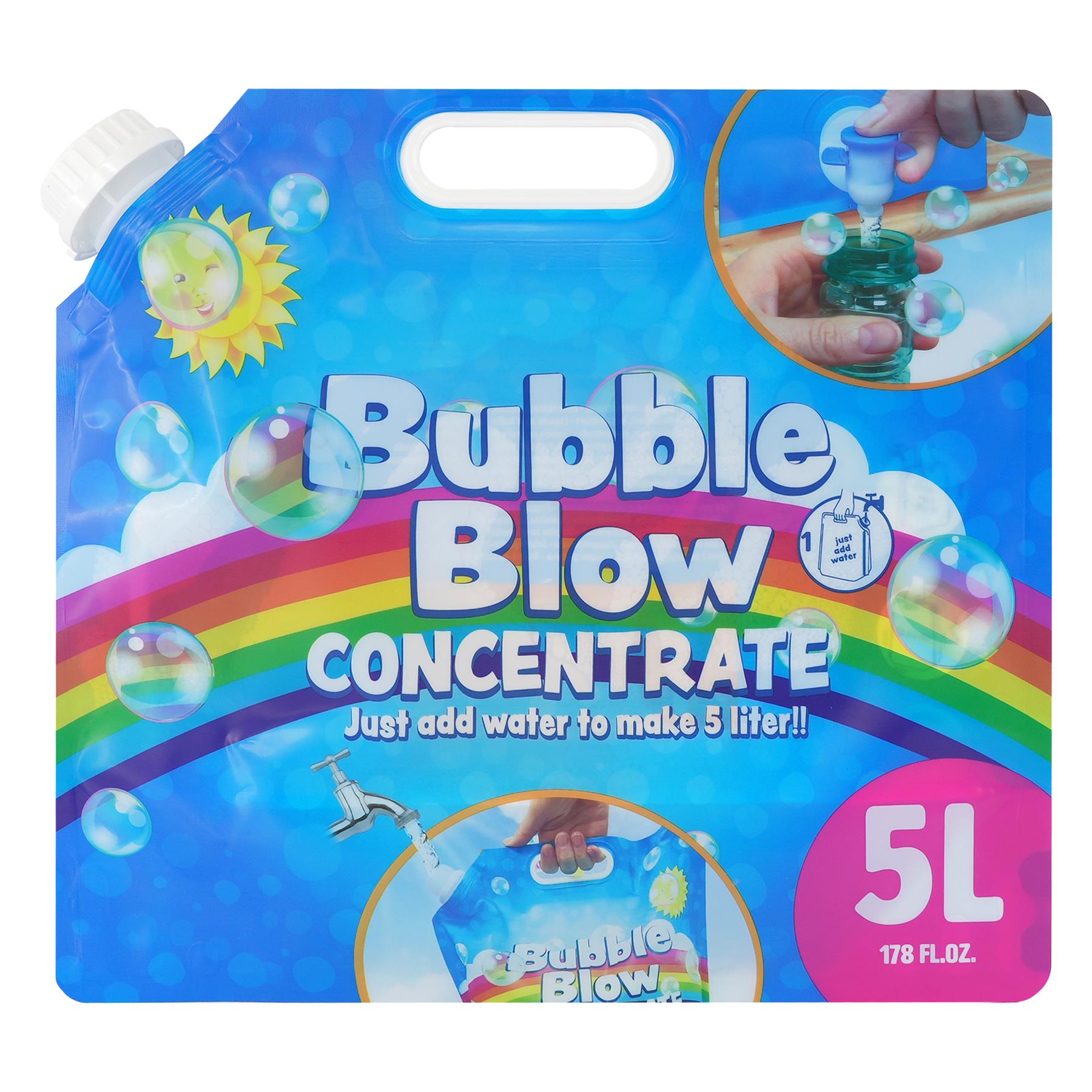 This image depicts a plastic bottle with a blue label containing white and yellow text, accompanied by an illustration of a bubble wand in action. - The Magic Toy Shop