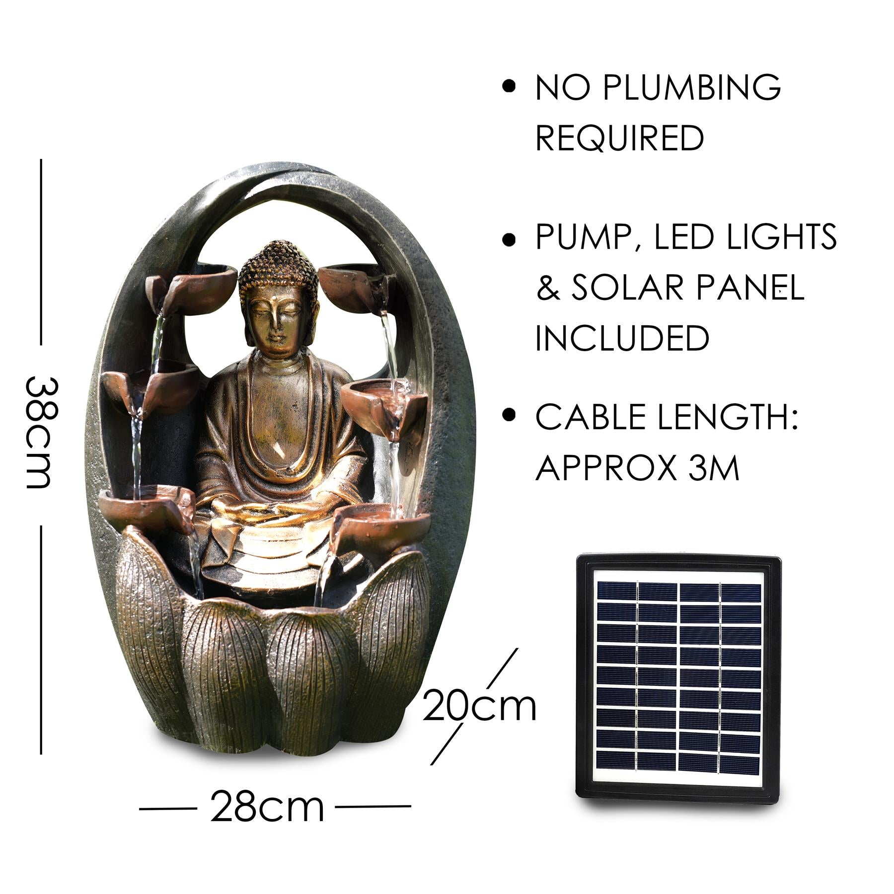 GEEZY Golden Buddha Solar Water Feature Outdoor With LED