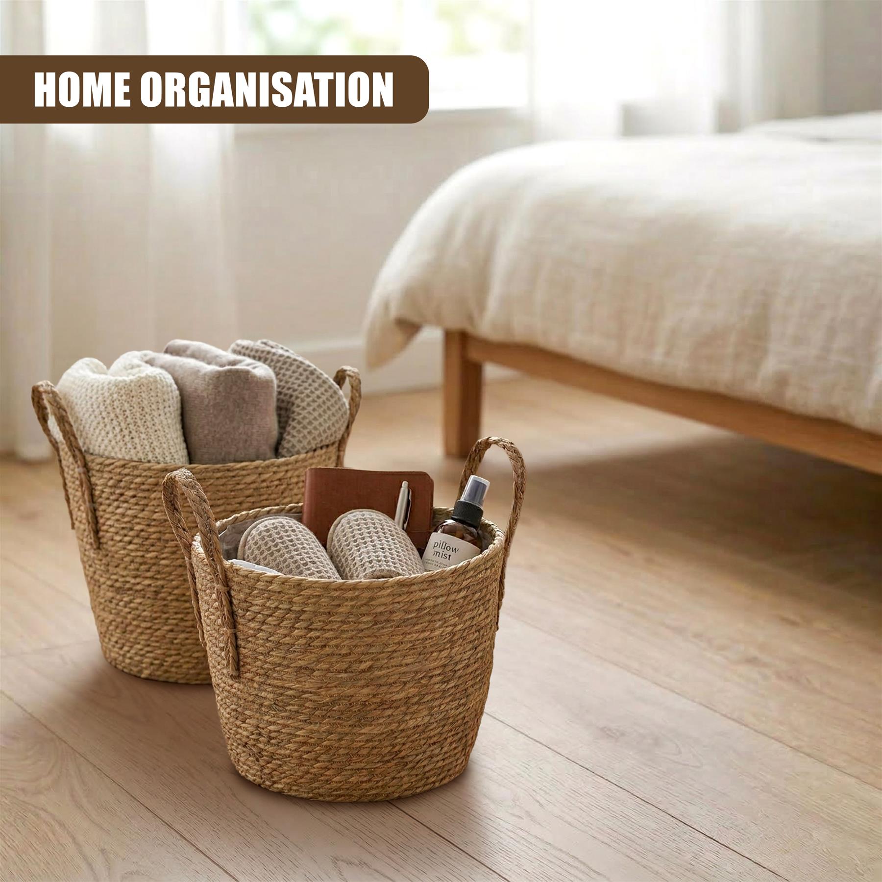 Woven wicker storage baskets holding toiletries and small items, arranged on a light wooden floor.