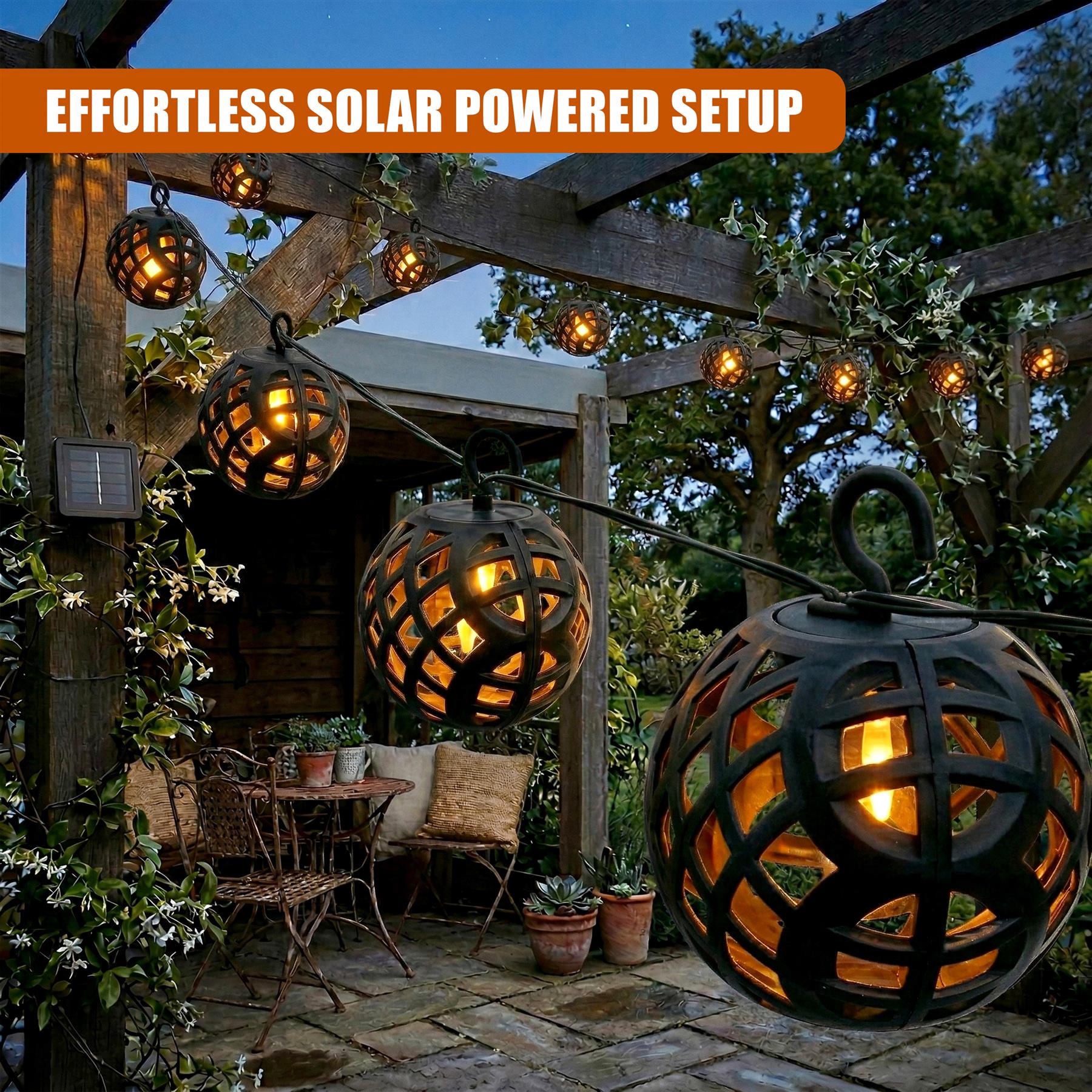Woven rattan globe solar string lights hang from the wooden beams of an outdoor patio structure.