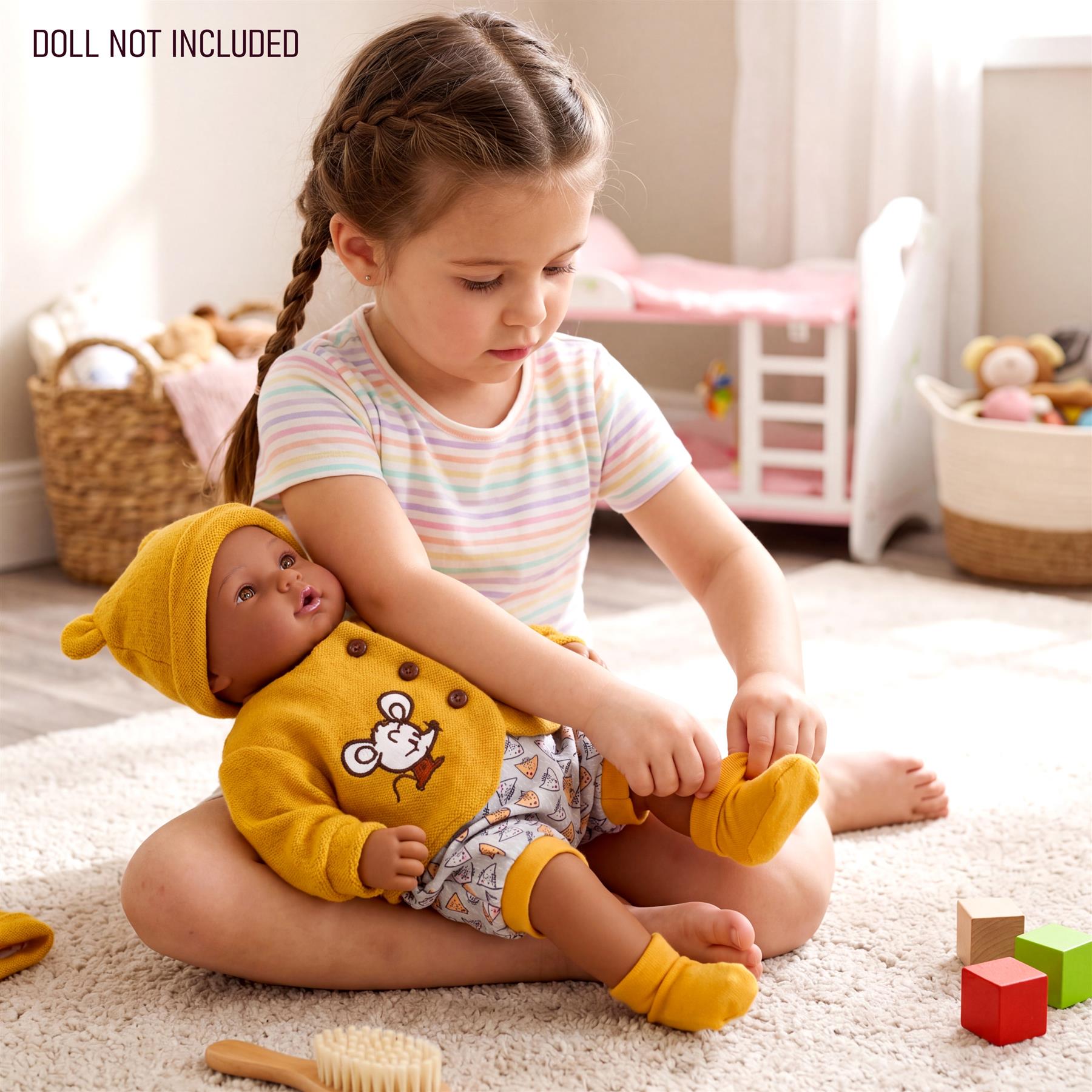A girl interacts with a reborn doll dressed in a yellow mouse outfit and matching yellow booties.