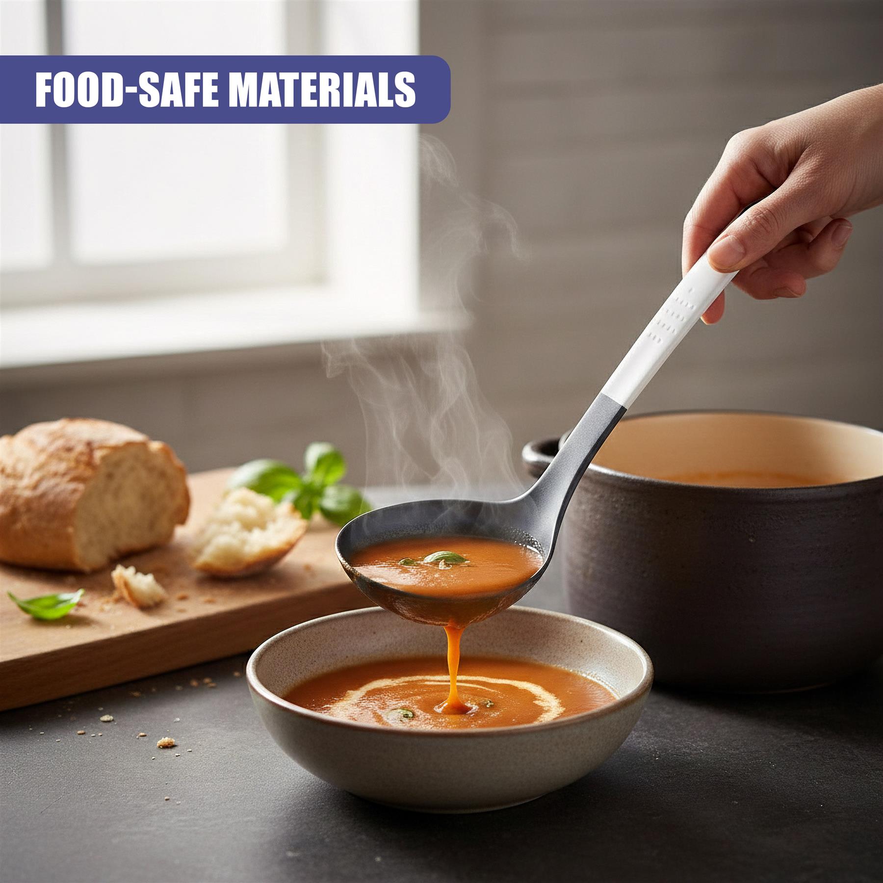 A hand ladles warm, steaming soup from a large pot into a waiting ceramic bowl.