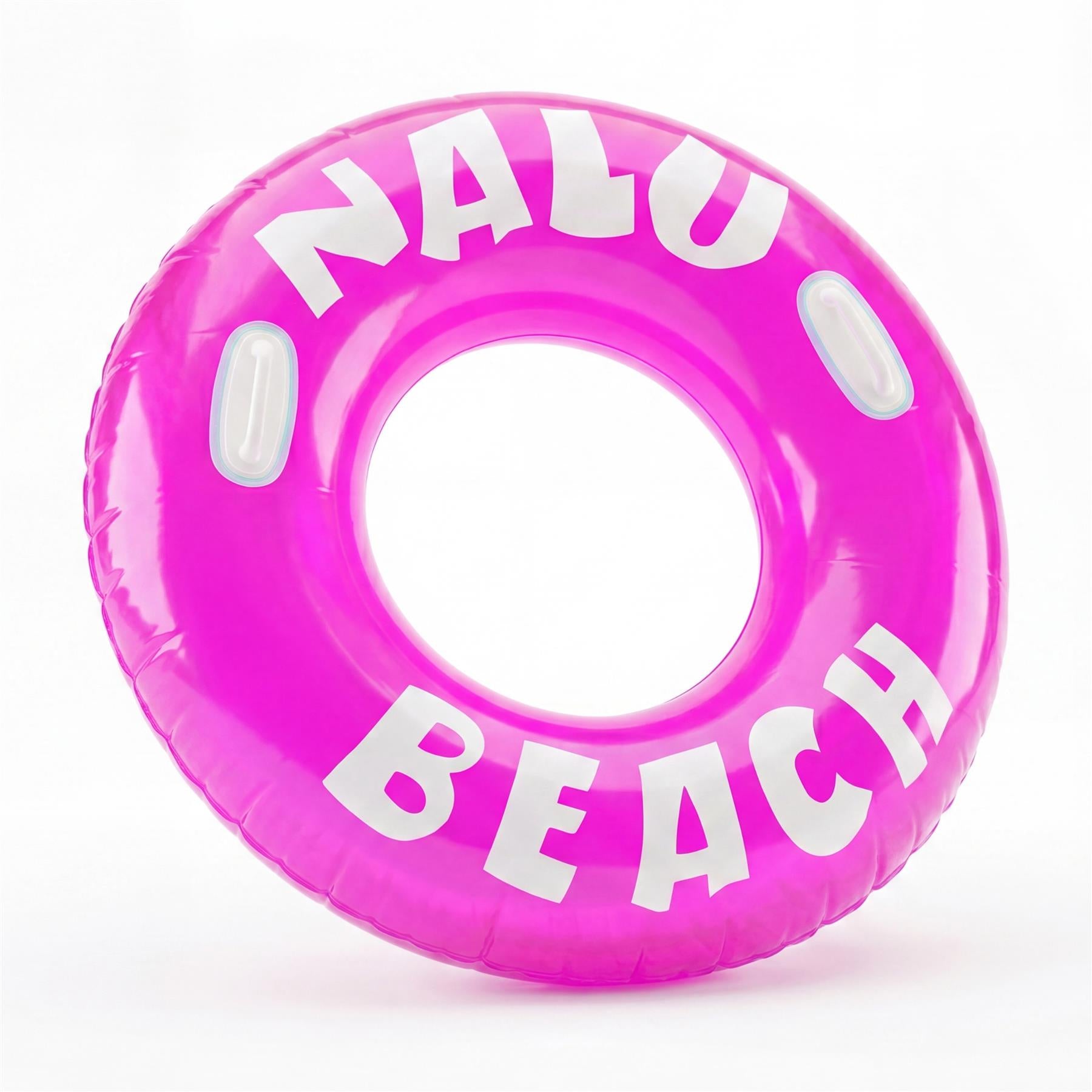 Bright pink inflatable inner tube spelling "NALU BEACH" in white block letters.