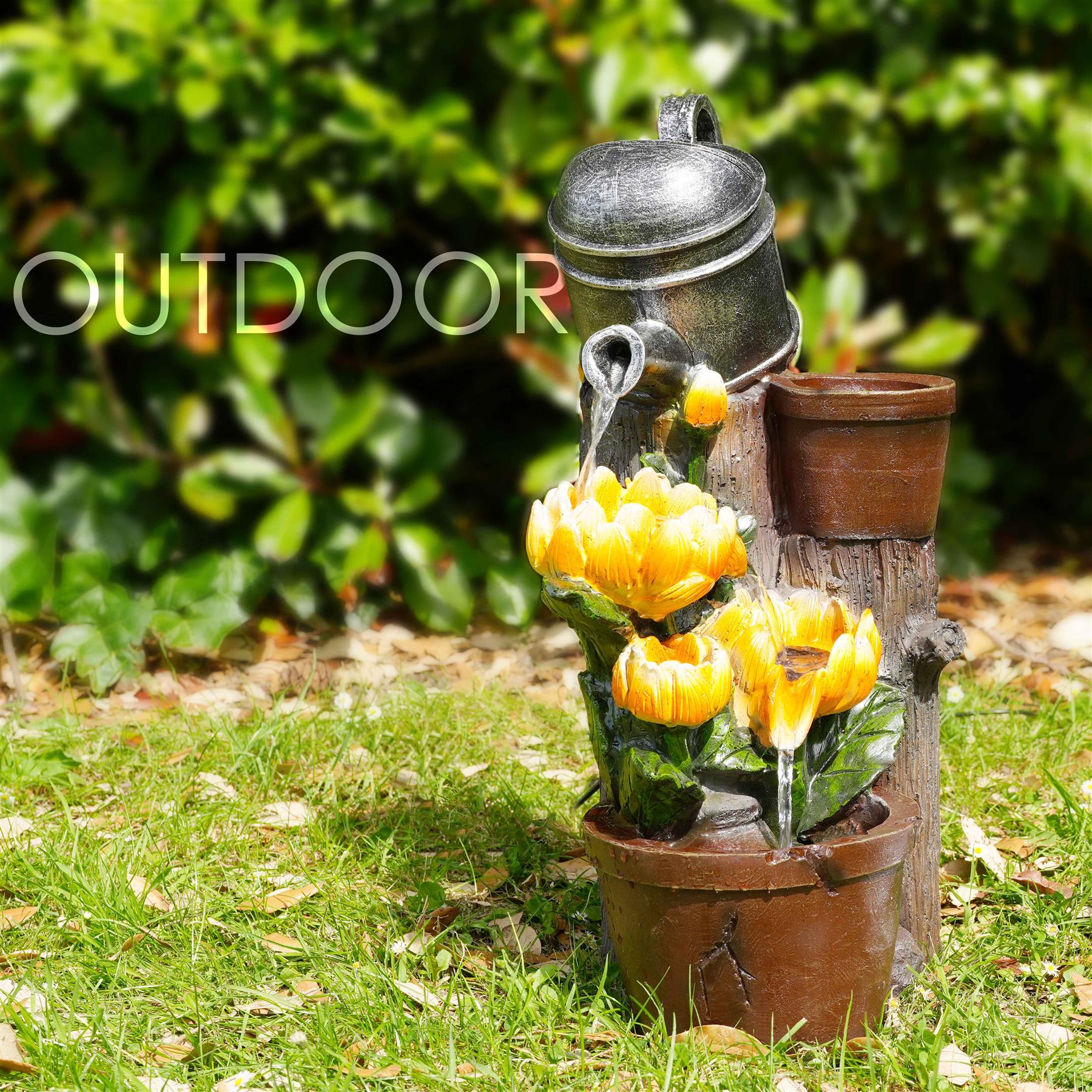 outdoor water fountain with orange flowers - The Magic Toy Shop