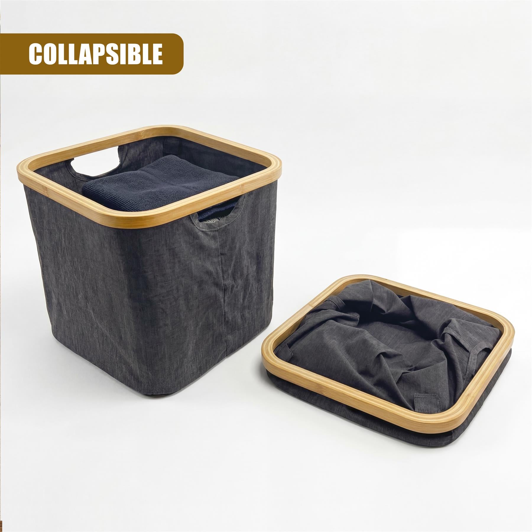 Gray fabric laundry hamper shown in both expanded and flattened, collapsible states.