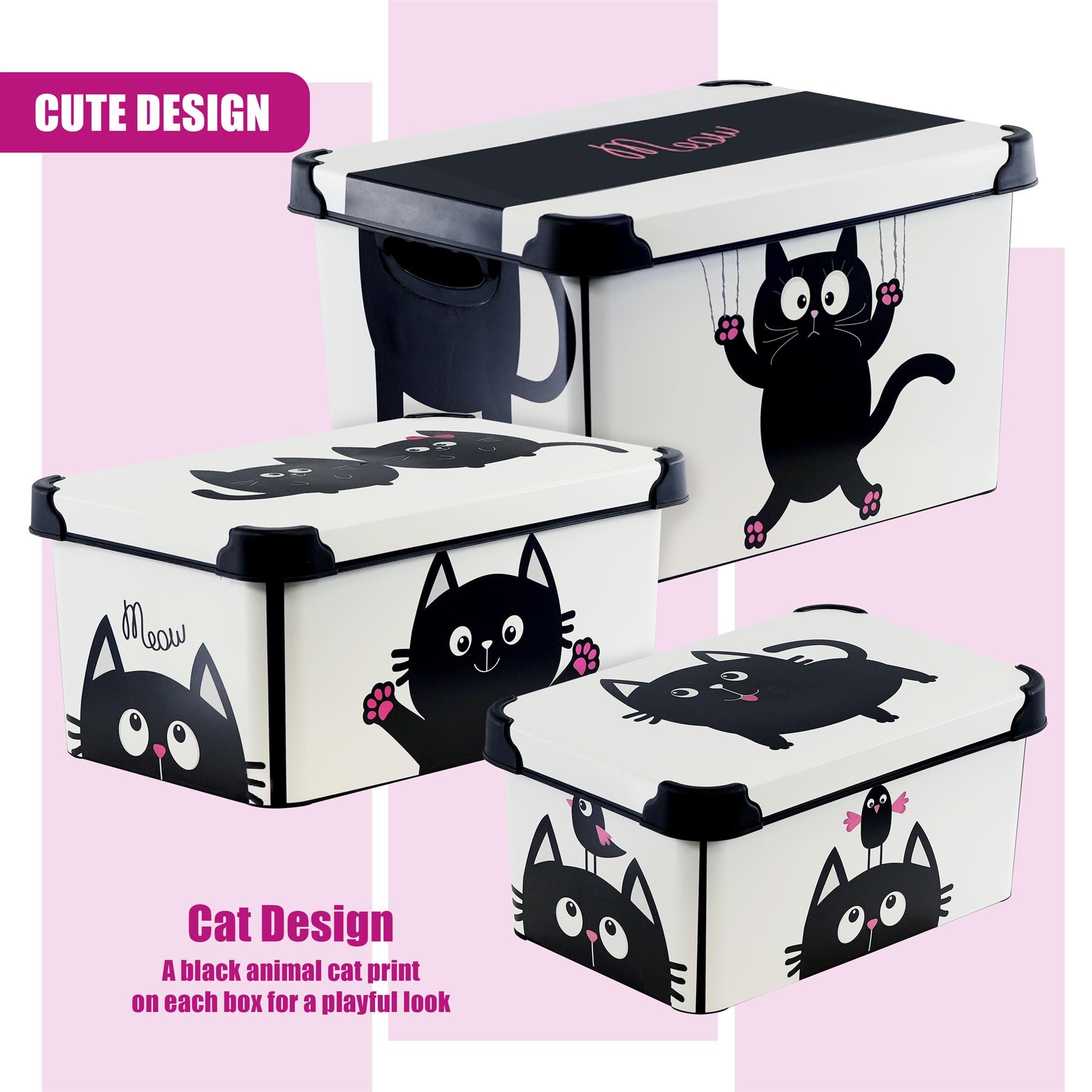 Cat Themed Storage Boxes with Lids - Set of 3