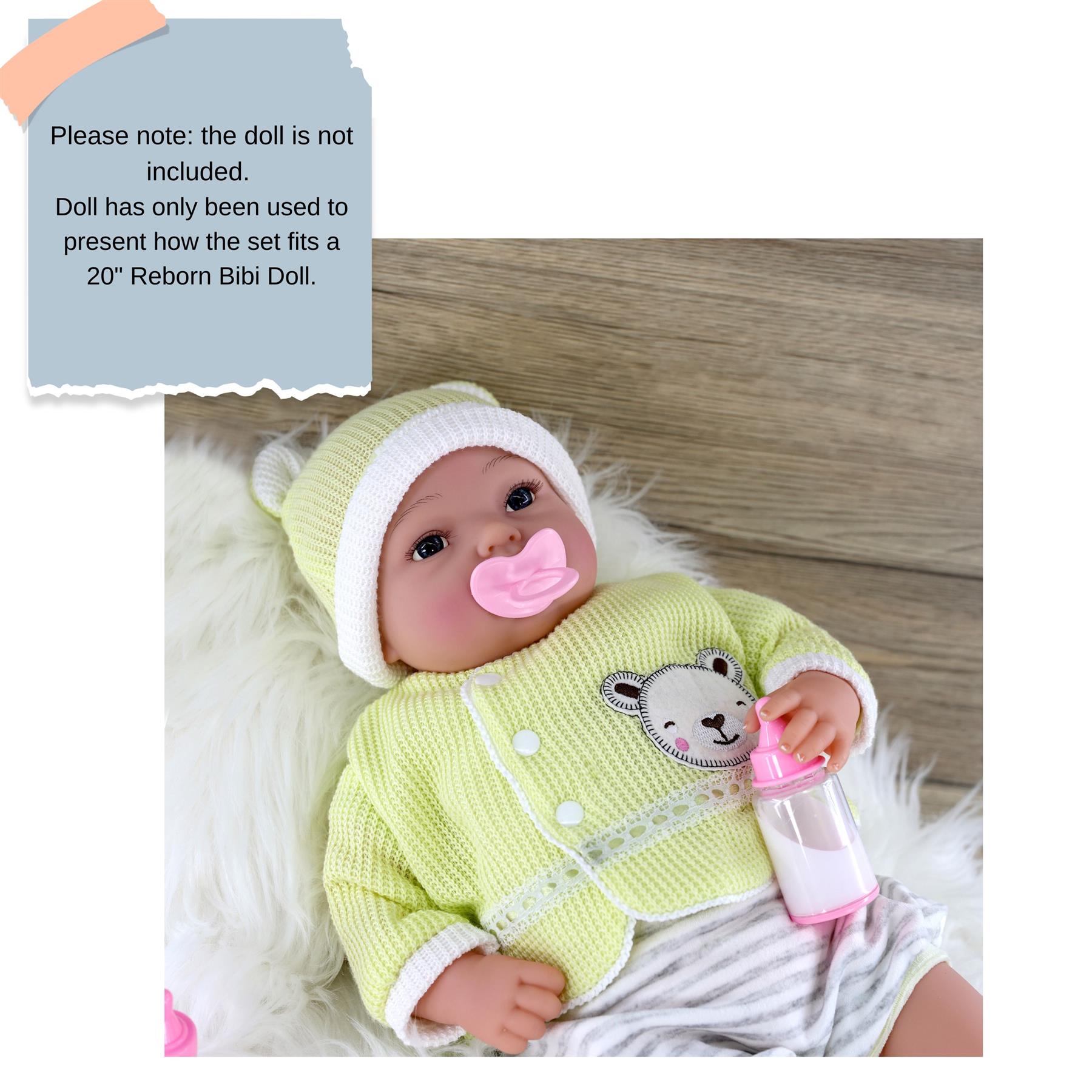 A doll model uses a plastic bottle accessory, demonstrating the feeding set's function.