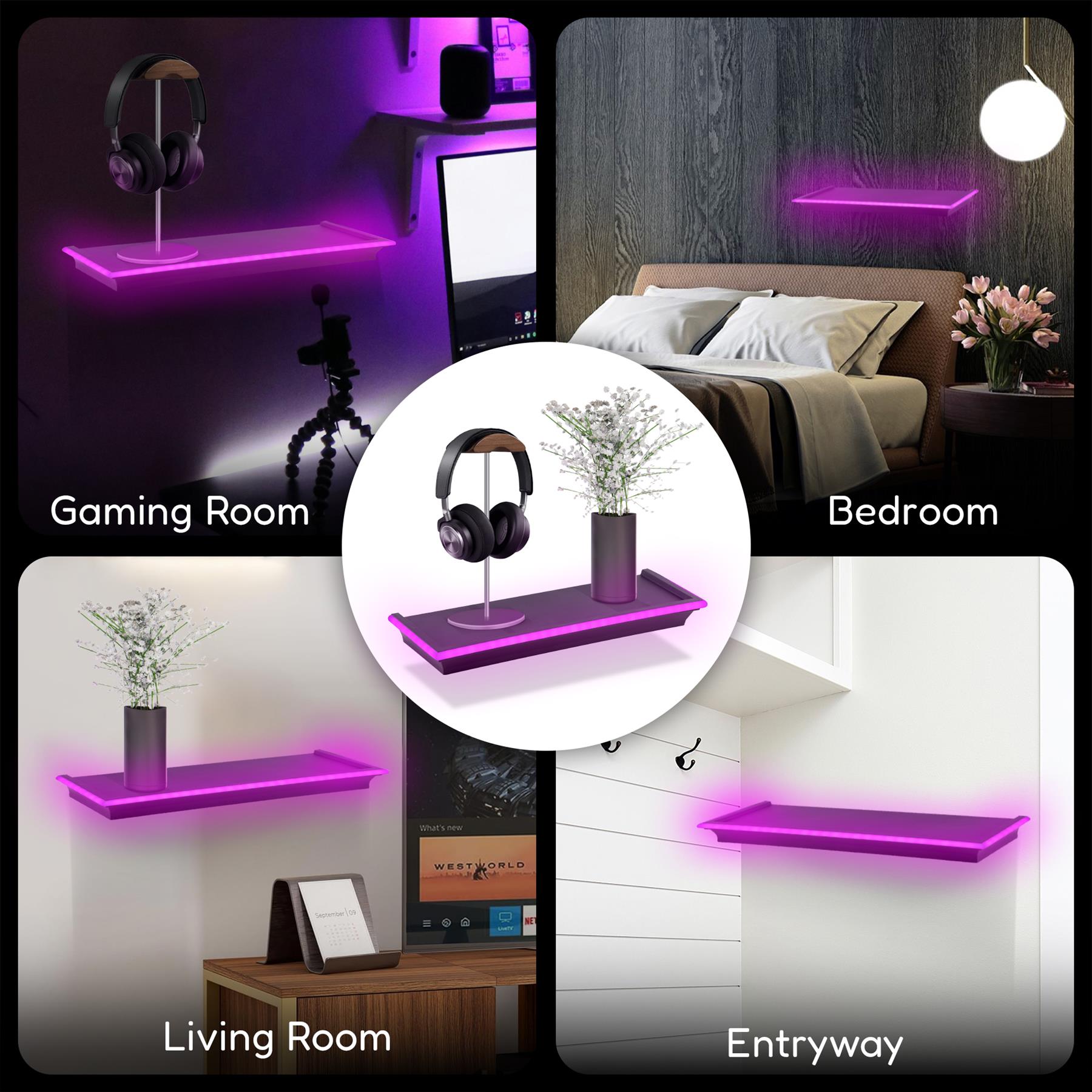 A collage showcasing GEEZY Black Floating Shelves with LED Neon Lights, displayed in four different settings: a gaming room featuring headphones on the shelf, a cozy bedroom with a flower vase, a living room with a decorative setup, and an entryway. Each shelf emits a vibrant purple glow, enhancing the aesthetic of the spaces. Perfect for modern home decor and organization. Available at themagictoyshop.