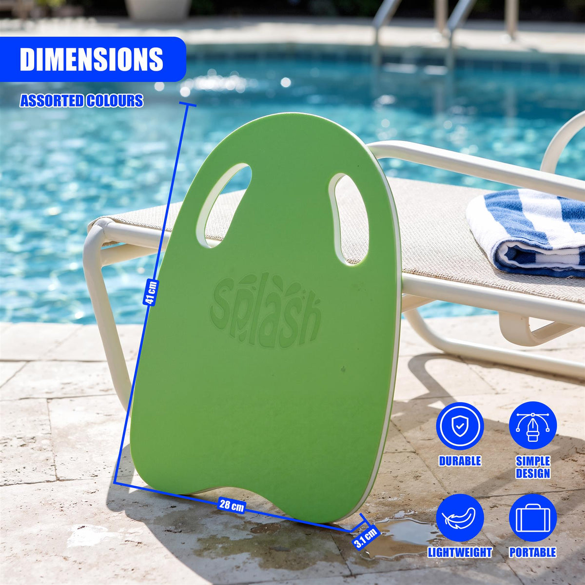 Green GEEZY EVA Foam Kickboard float with hand grips, shown on a poolside setting