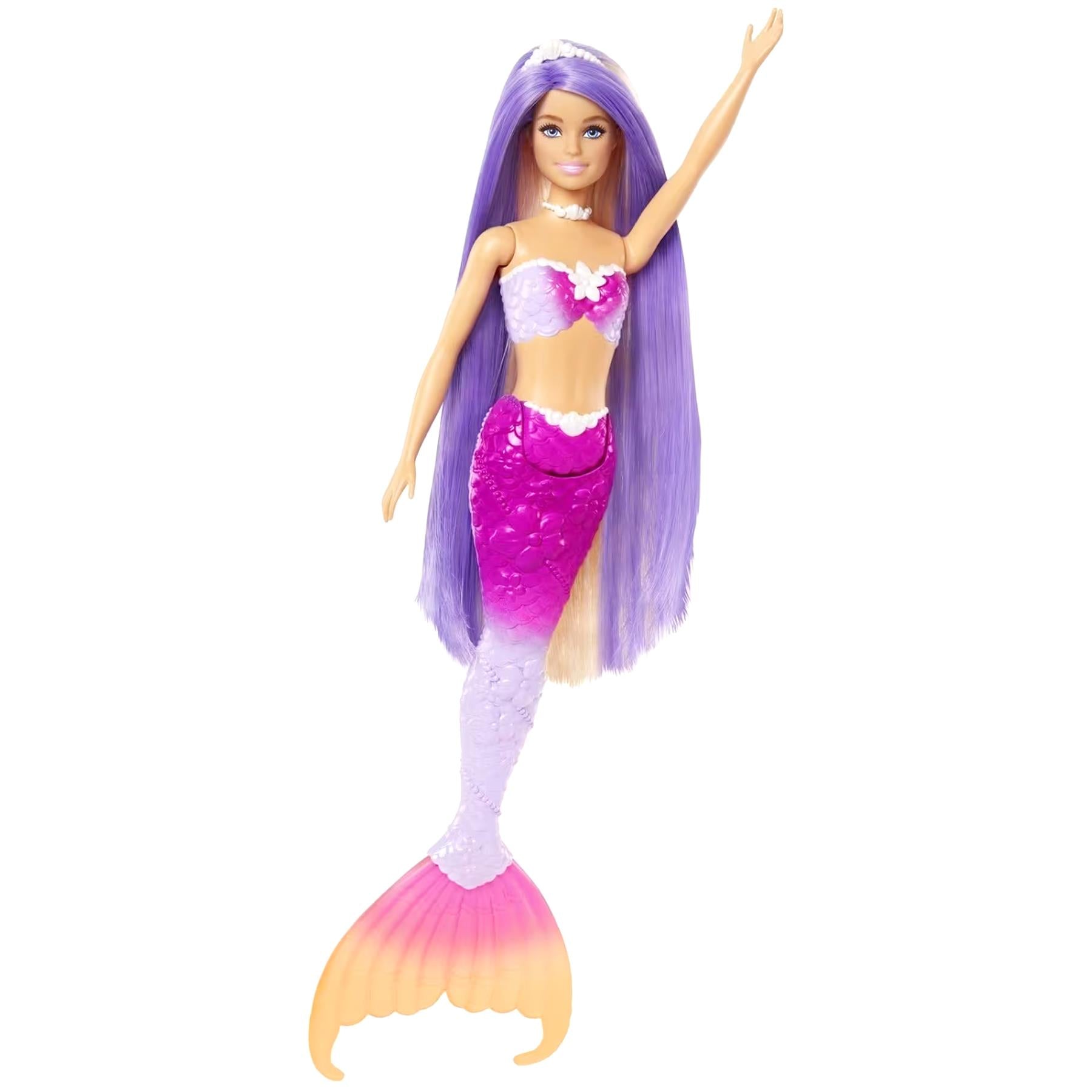 Doll with purple hair wearing a two-piece outfit and a glittery purple to orange mermaid tail.
