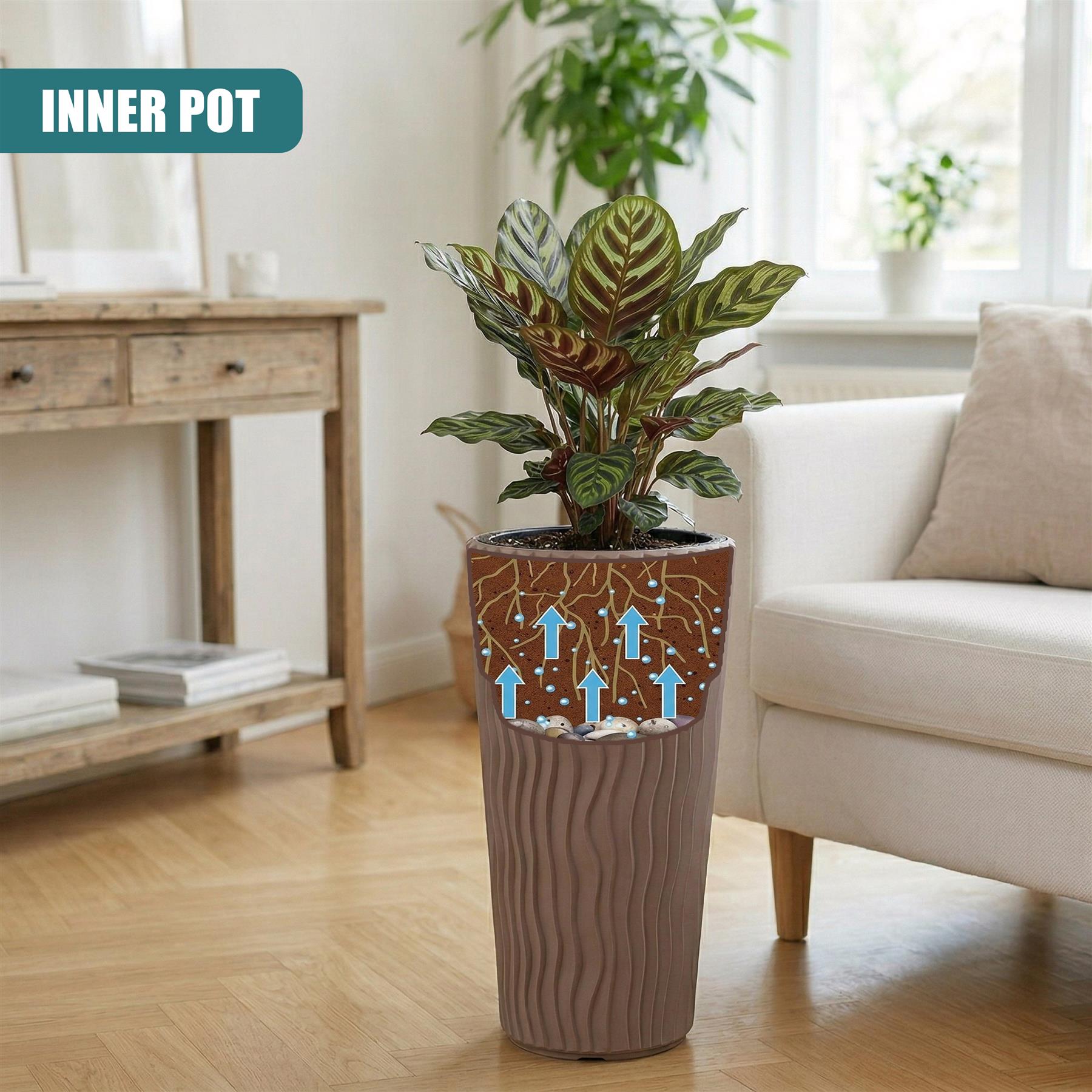 Tall, textured mocha-brown planter pot with blue arrow decoration holding a potted plant.